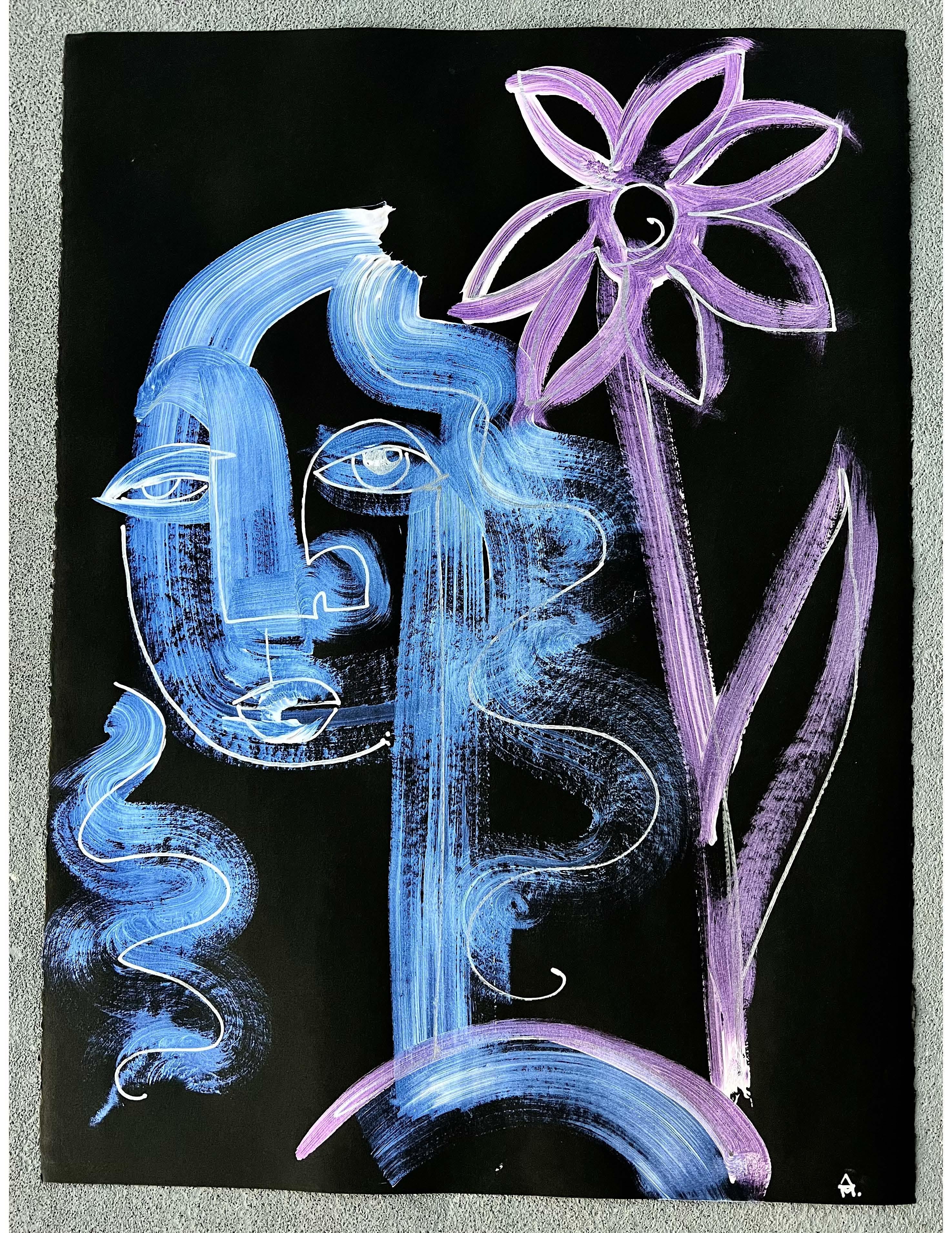 Portrait bleu, blanc et violet d'une figure féminine et d'une fleur.  La peinture interférentielle le fait vraiment ressortir à la lumière.  Sur papier Stonehenge d'archives noir.  Signé par l'artiste.
