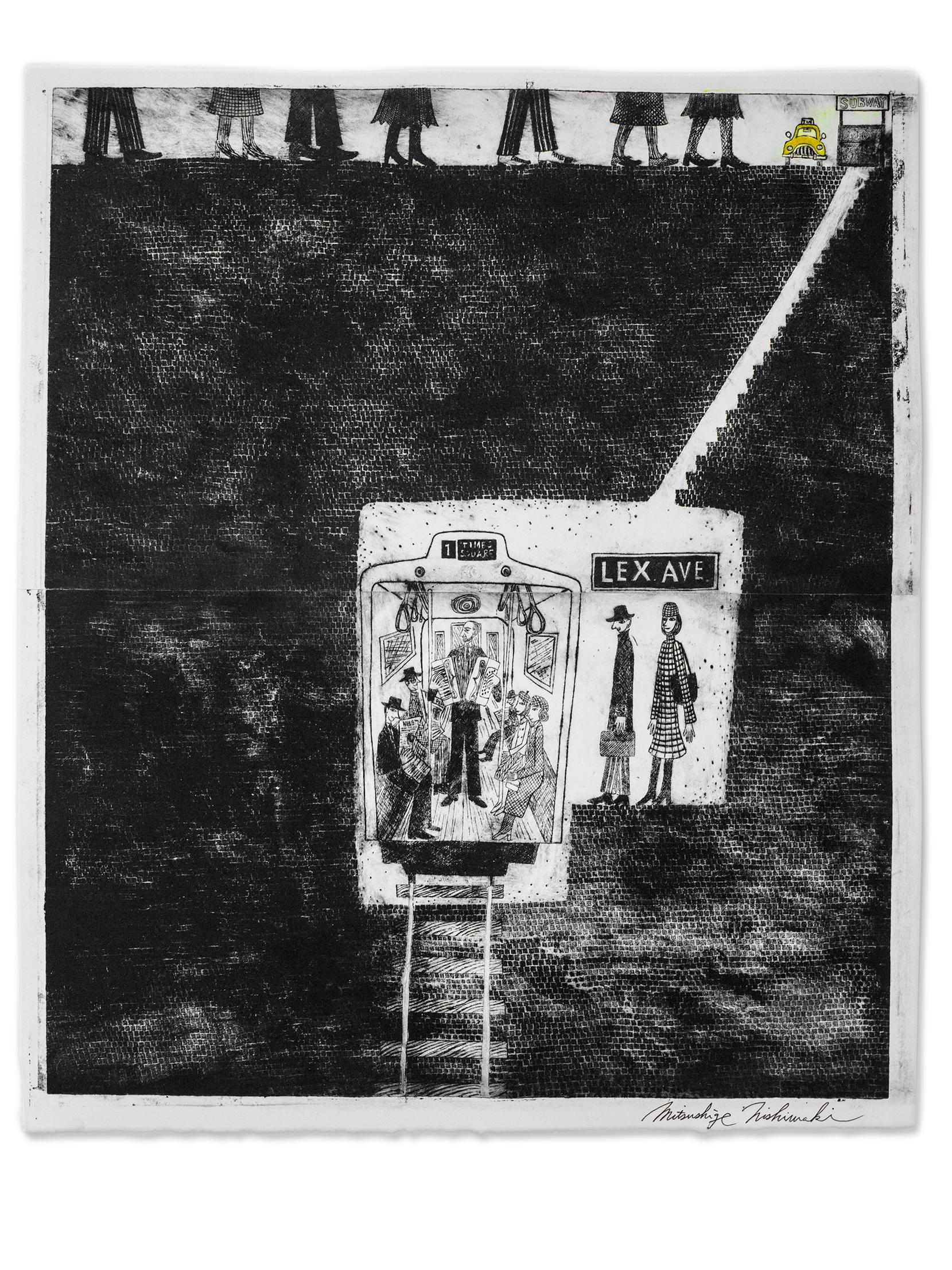 Mitsushige Nishiwaki Figurative Print - Lex Ave, Intaglio print depicting NYC Lexington Ave subway scene