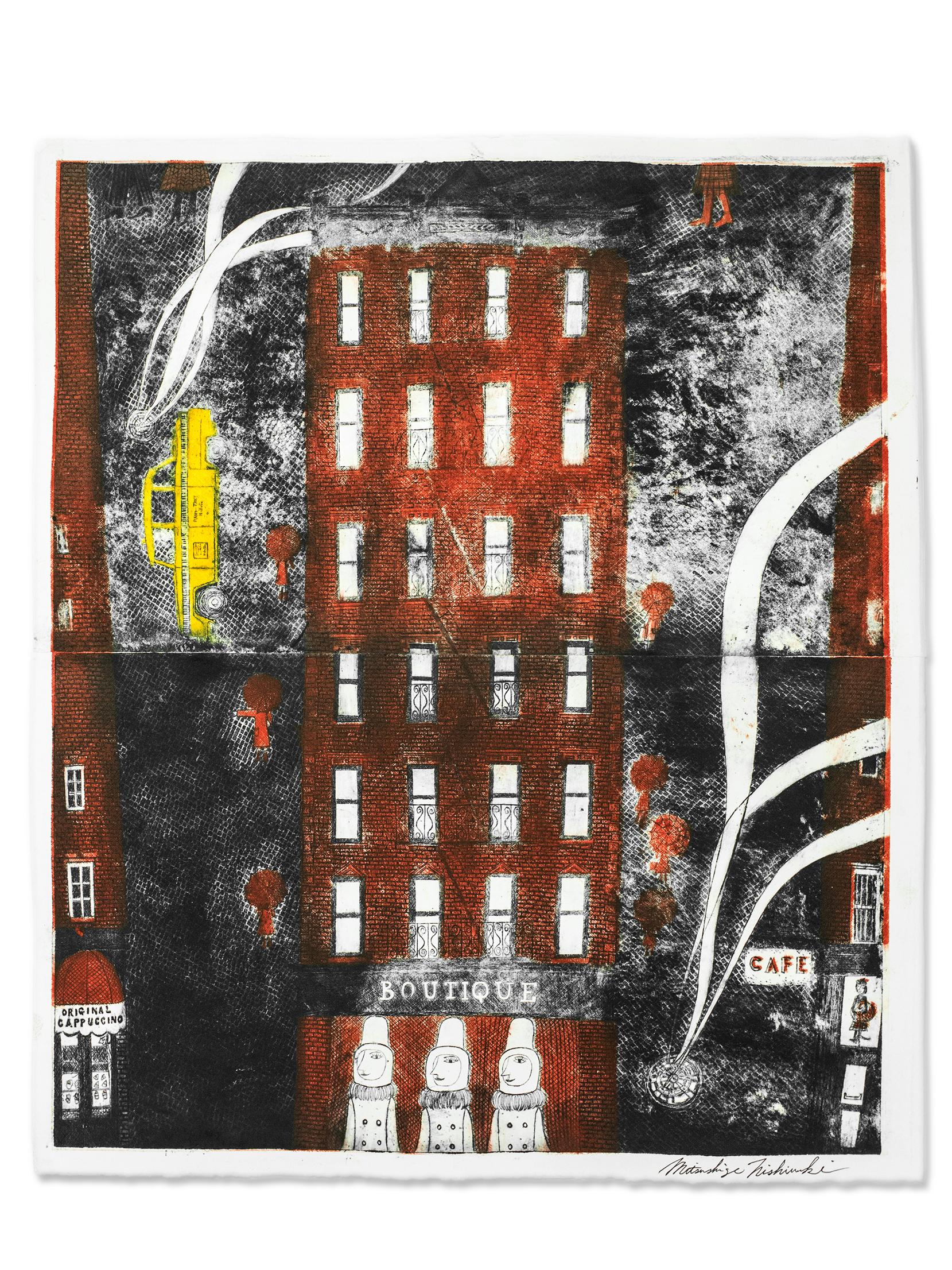 Boutique, Unique intaglio on watercolor paper, cityscape w/ taxicab, red & black