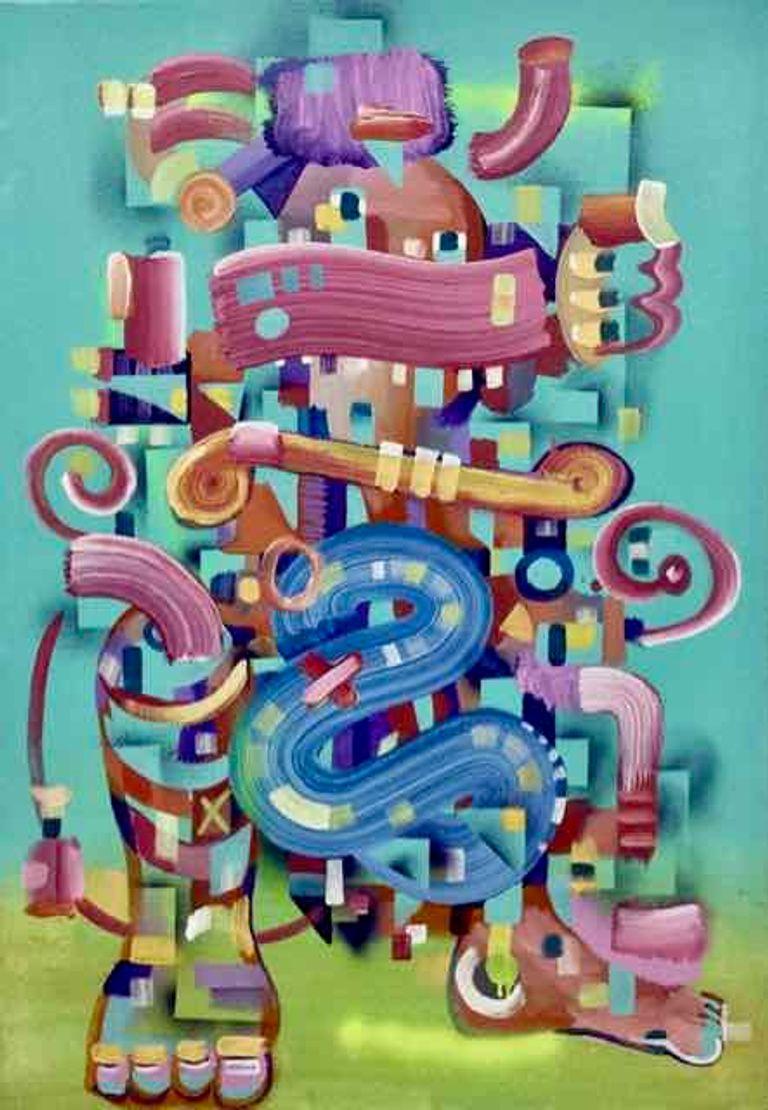 Untitled, abstract figurative painting in pastel colors by Andrés García-Peña
