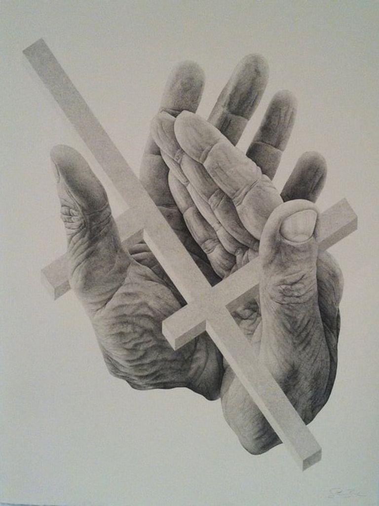 Steve Buduo Figurative Art - Higuereta, unique ink drawing of hands and geometric object