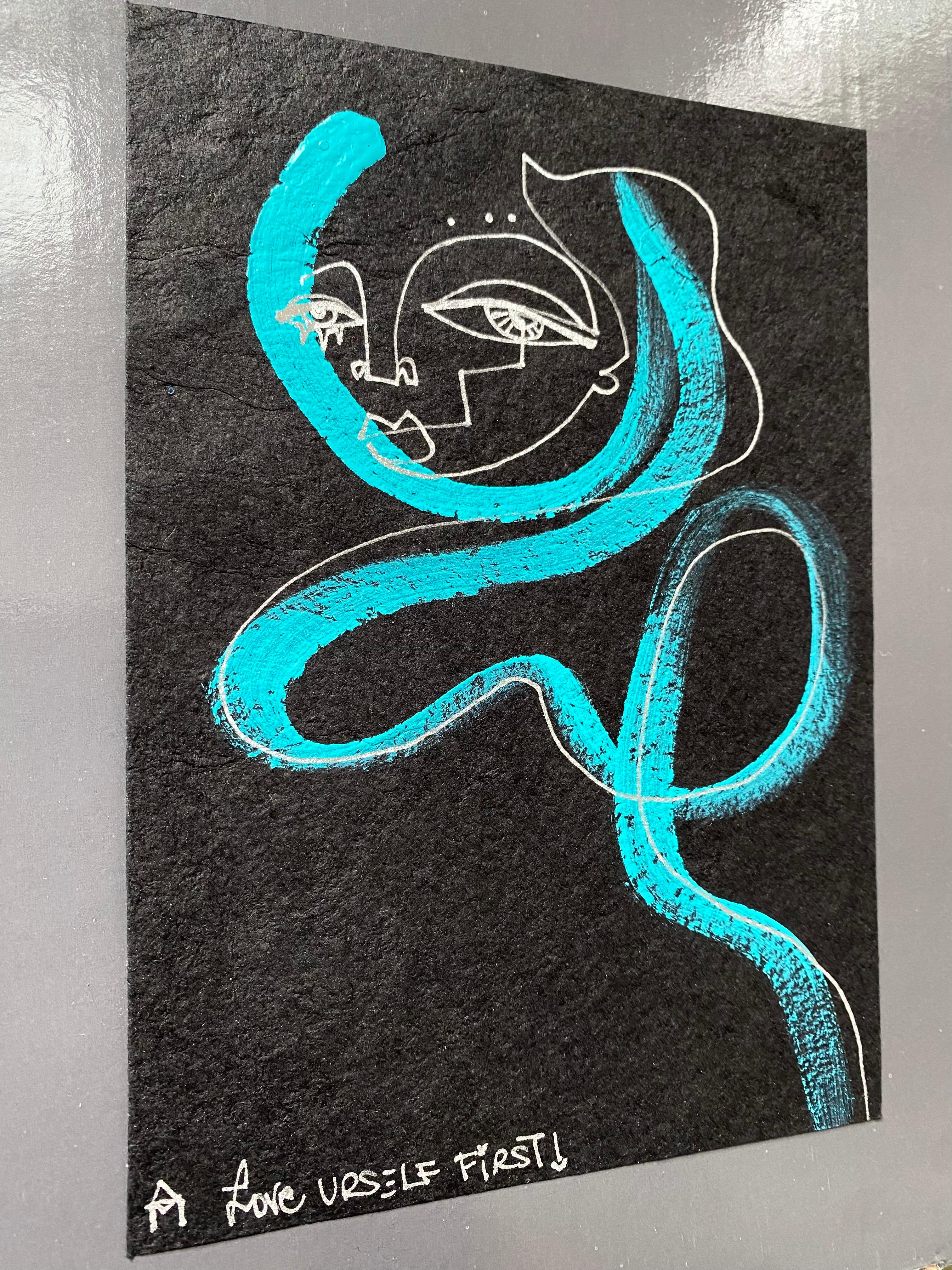 Love Urself First, acrylic & chrome ink on watercolor paper by Alice Mizrachi 
Teal brushstrokes of a figure on black watercolor paper with chrome line work.  Original one of a kind piece Signed by artist.

ARTIST BIO 
Alice Mizrachi is a New York