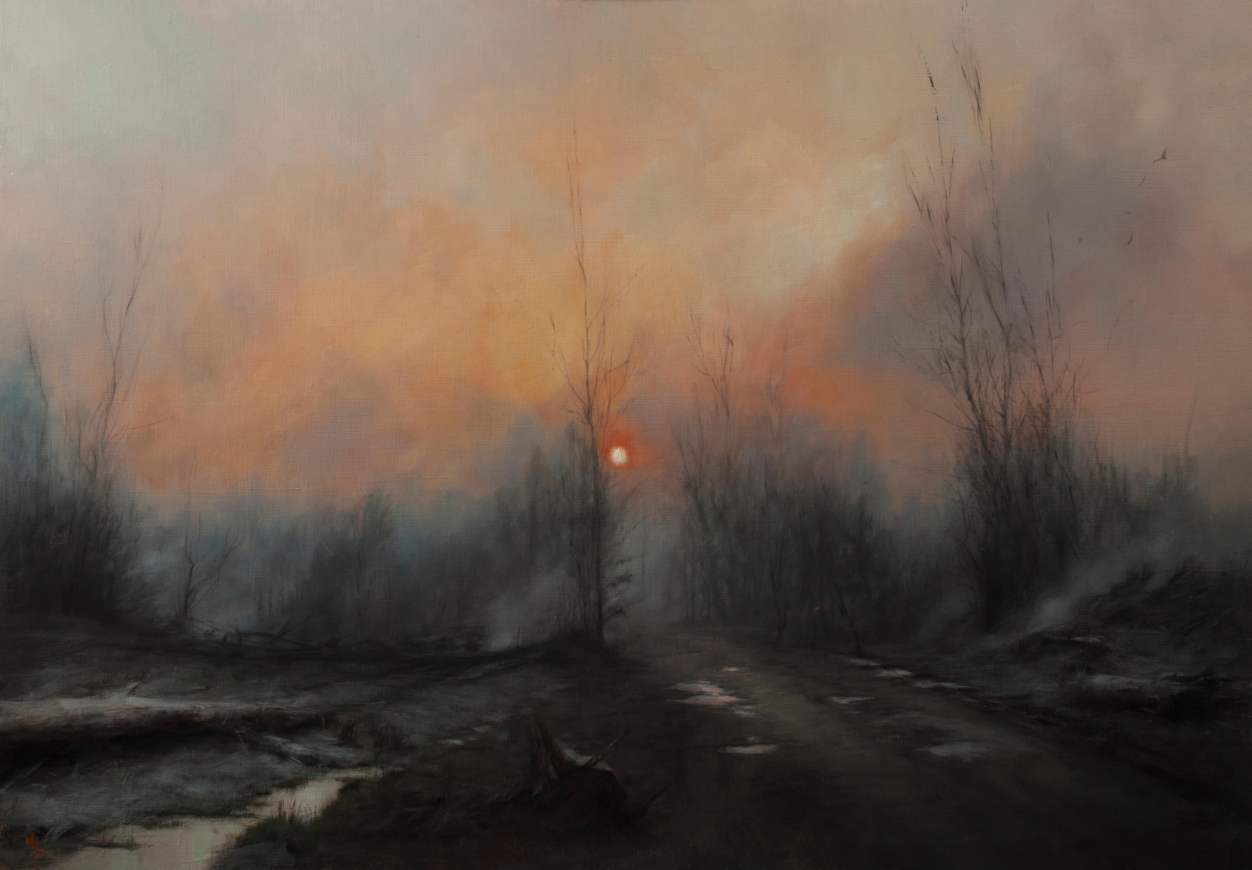 David Gluck Figurative Painting - "Winter on Fire" Oil painting