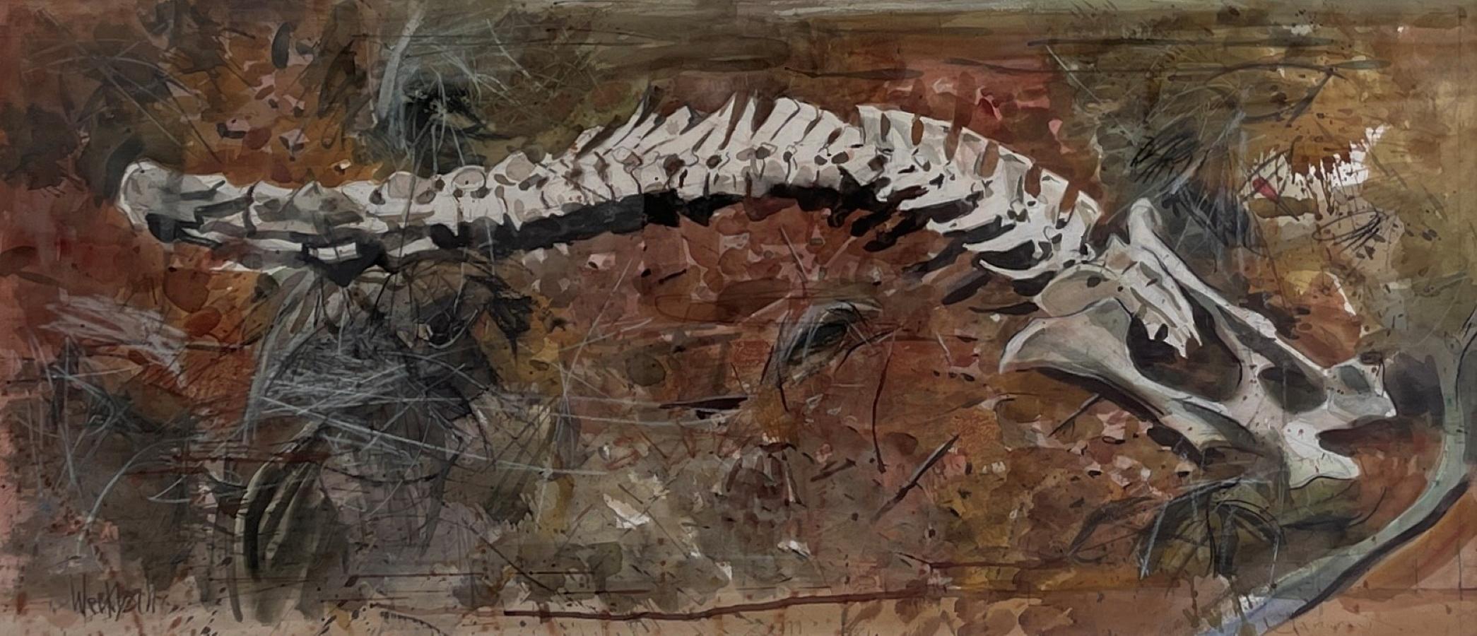 Figurative Art Hazel Z Weckbach - "Vertébrés d
élan" Nature morte squelettique impressionniste originale, peinture à l
aquarelle