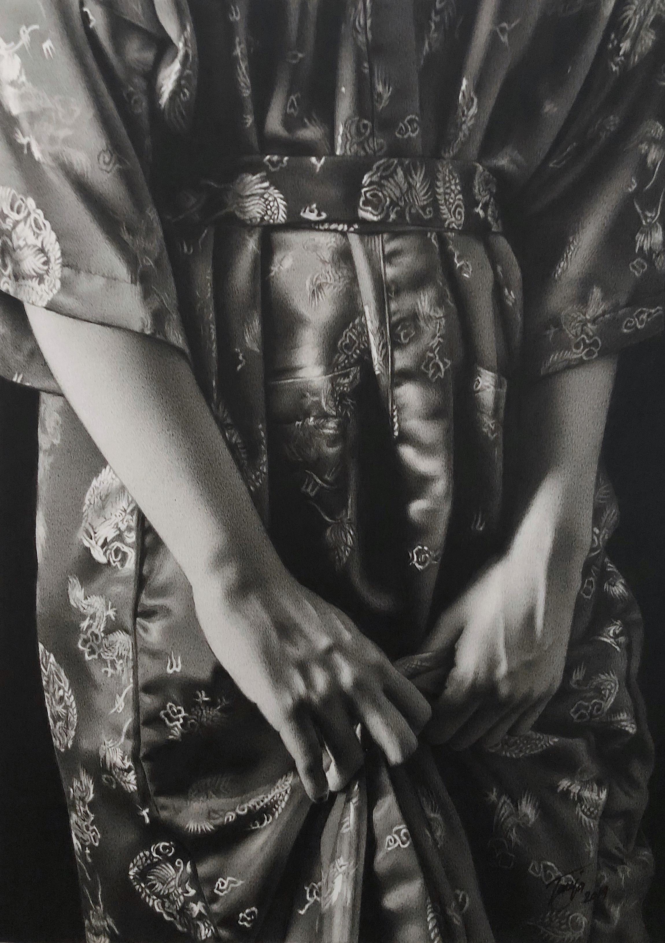 Tanya Gant Portrait Painting - Red Kimono, Charcoal