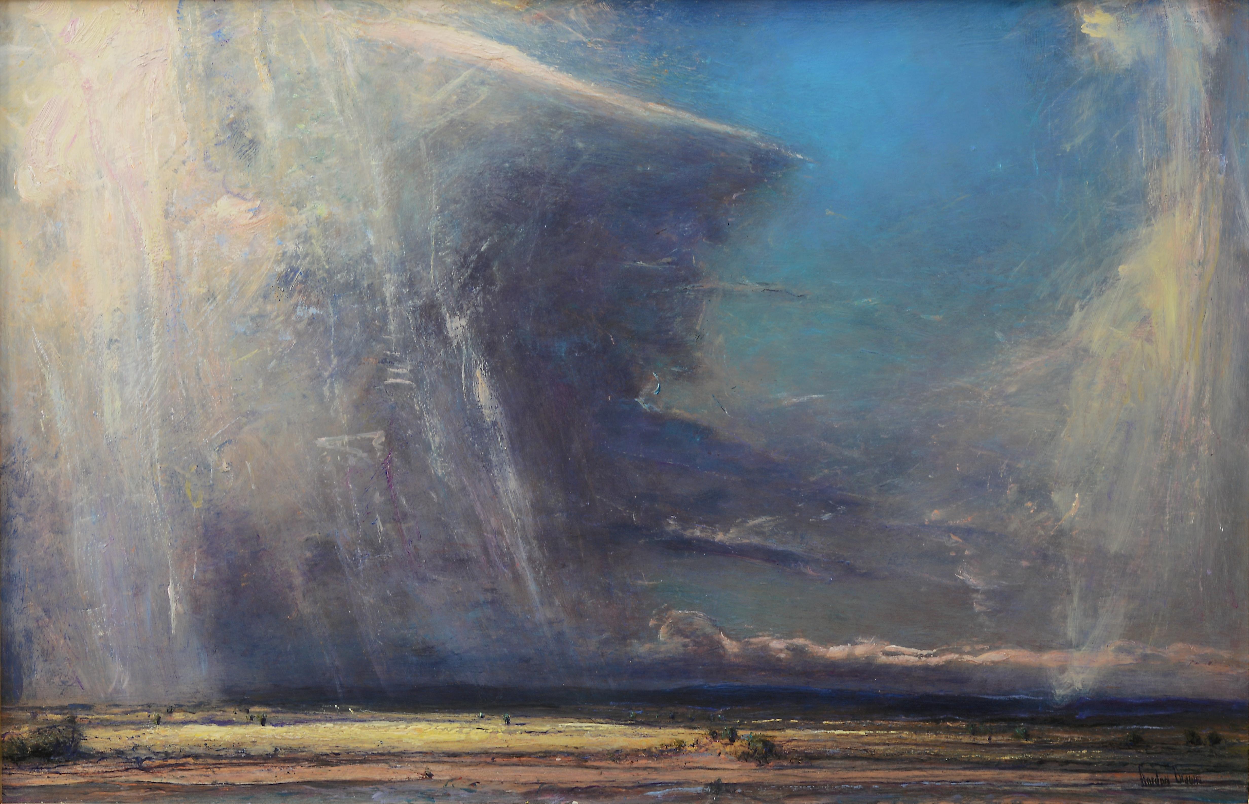 Gordon Brown's "The Edge of the Storm" is an oil painting created in 2018 featuring an atmospheric plains landscape.  

"My paintings are all about light and mood," says Colorado native Gordon Brown. He never tires of the view from his converted