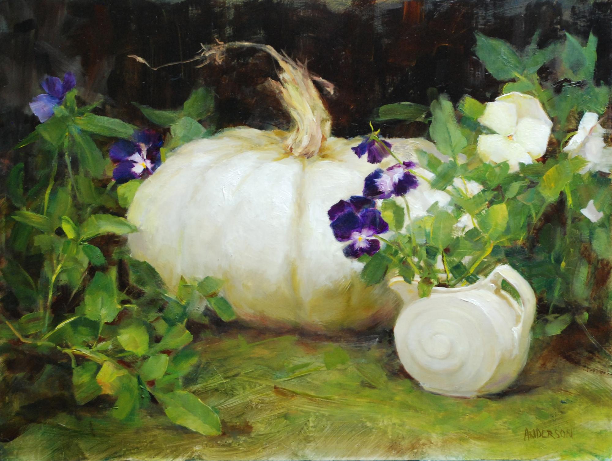 Kathy Anderson Still-Life Painting - "Purple Pansies, " Oil Painting