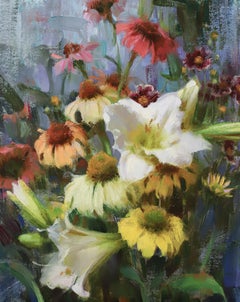 Daylilies, Echinacea, & Coreopsis, peinture à l'huile