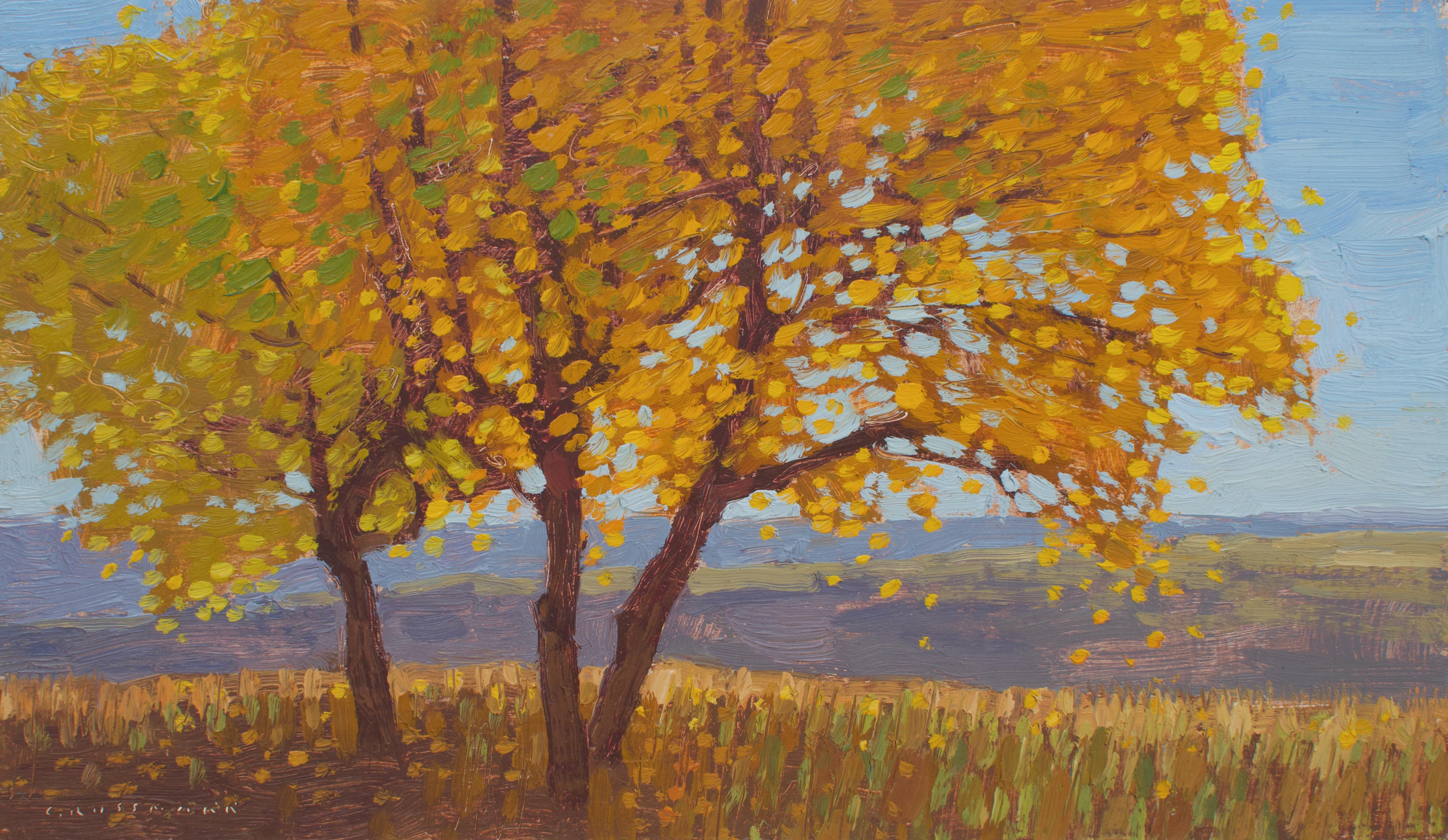 David Grossmann Landscape Painting - Cottonwoods with Changing Autumn Leaves , Oil Painting