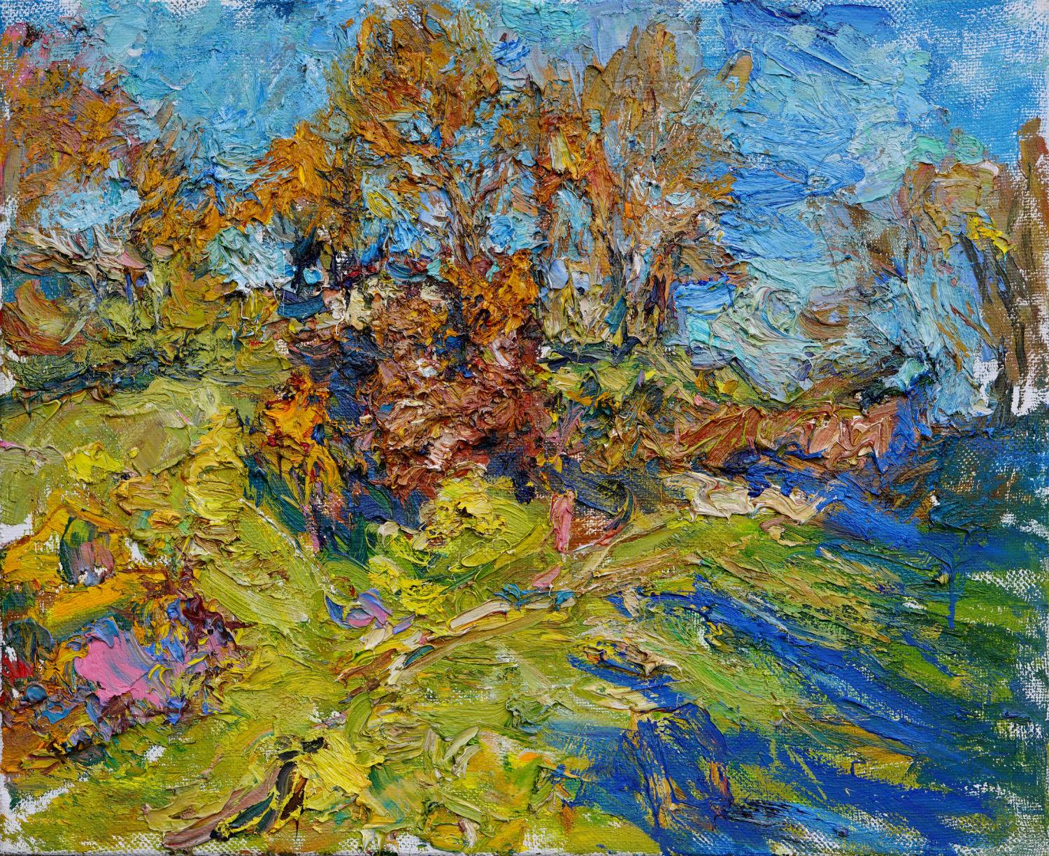 Landscape Painting Ulrich Gleiter - Peinture à l'huile « Sunny Morning in Fall » (Journée d'automne)