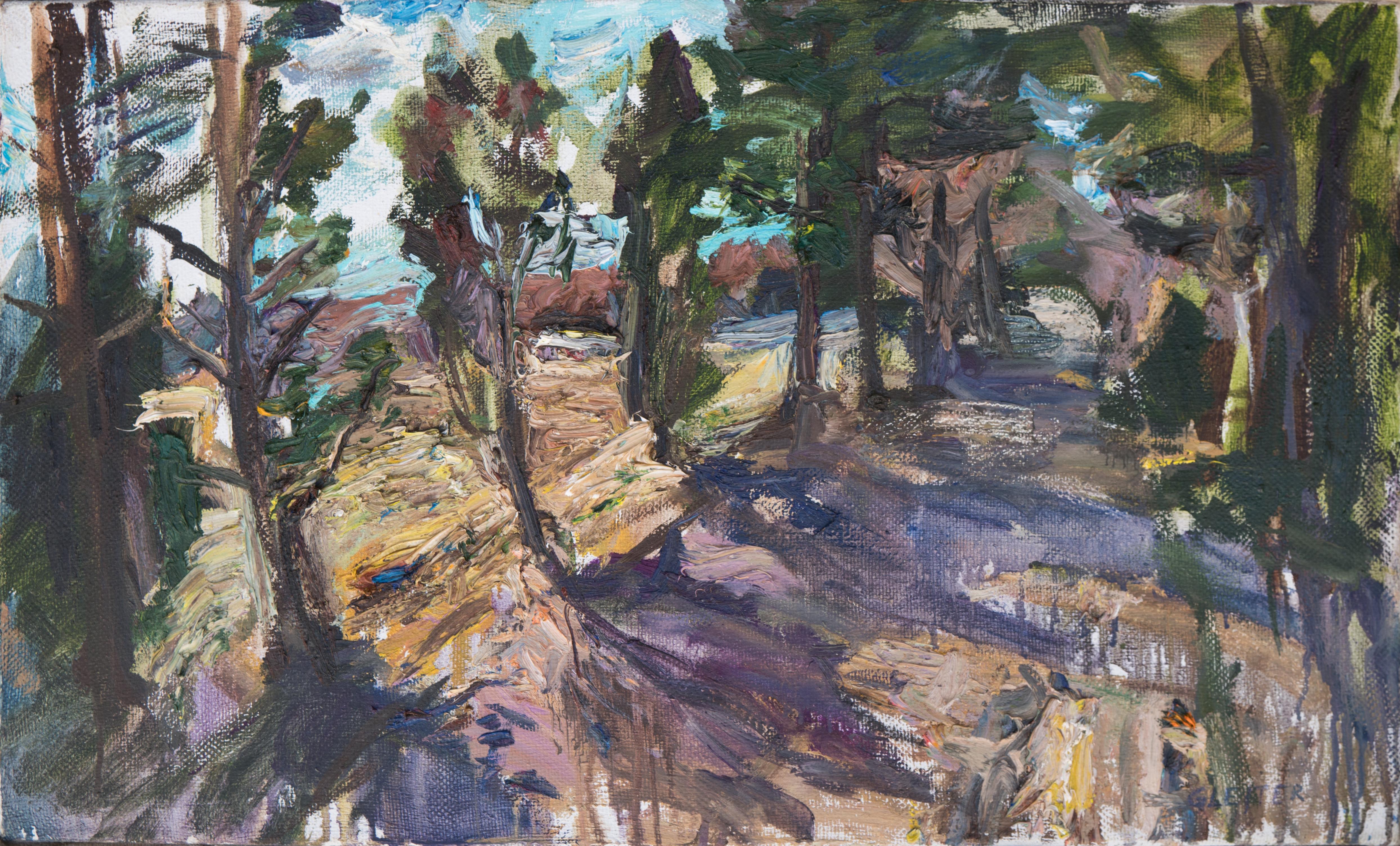 Ulrich Gleiter Landscape Painting – Ölgemälde ""Die Straße zu unserer Hütte"