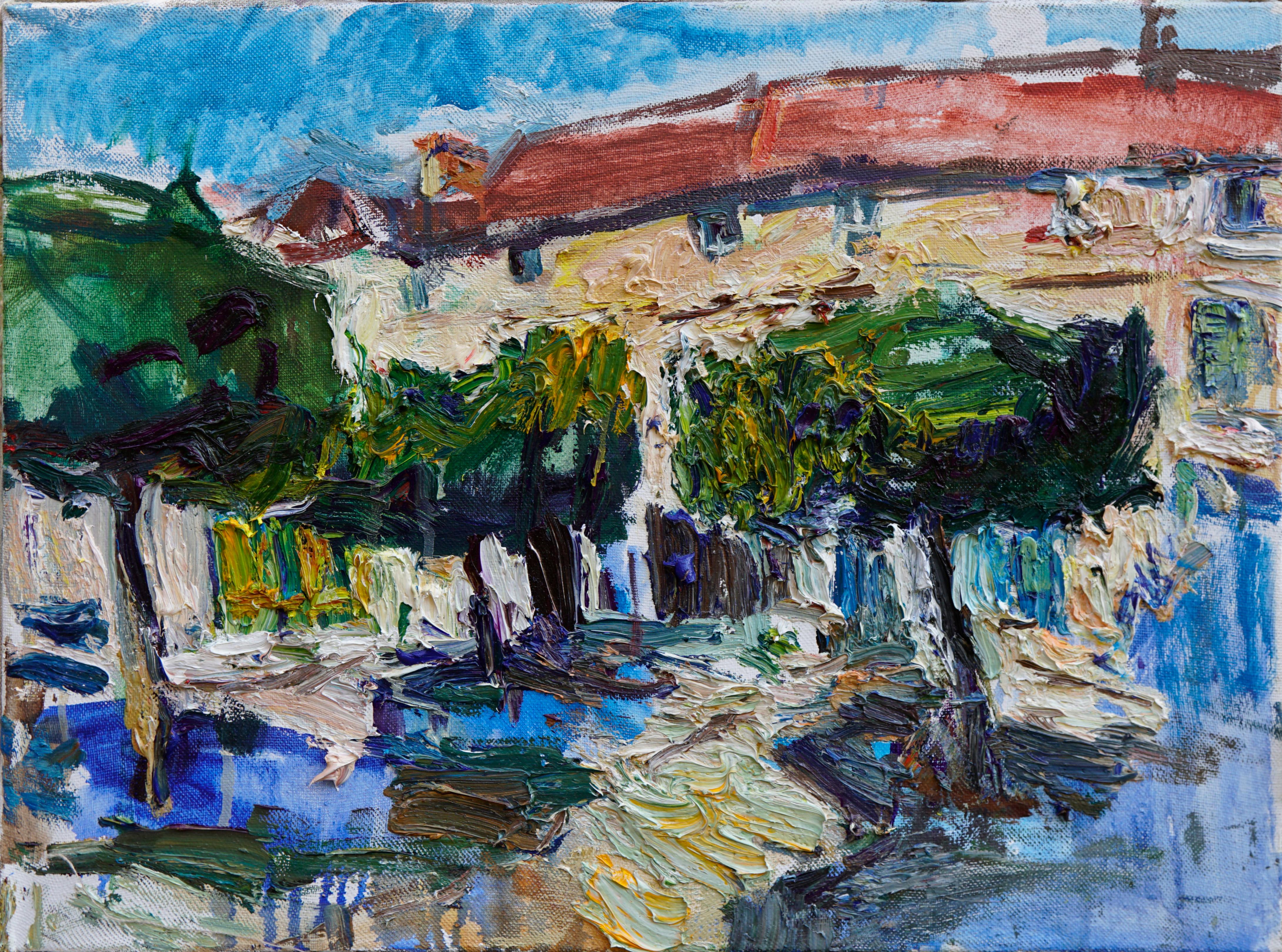 Landscape Painting Ulrich Gleiter - Peinture à l'huile « The Central Square of Ravires » (La rue centrale des Ravires)