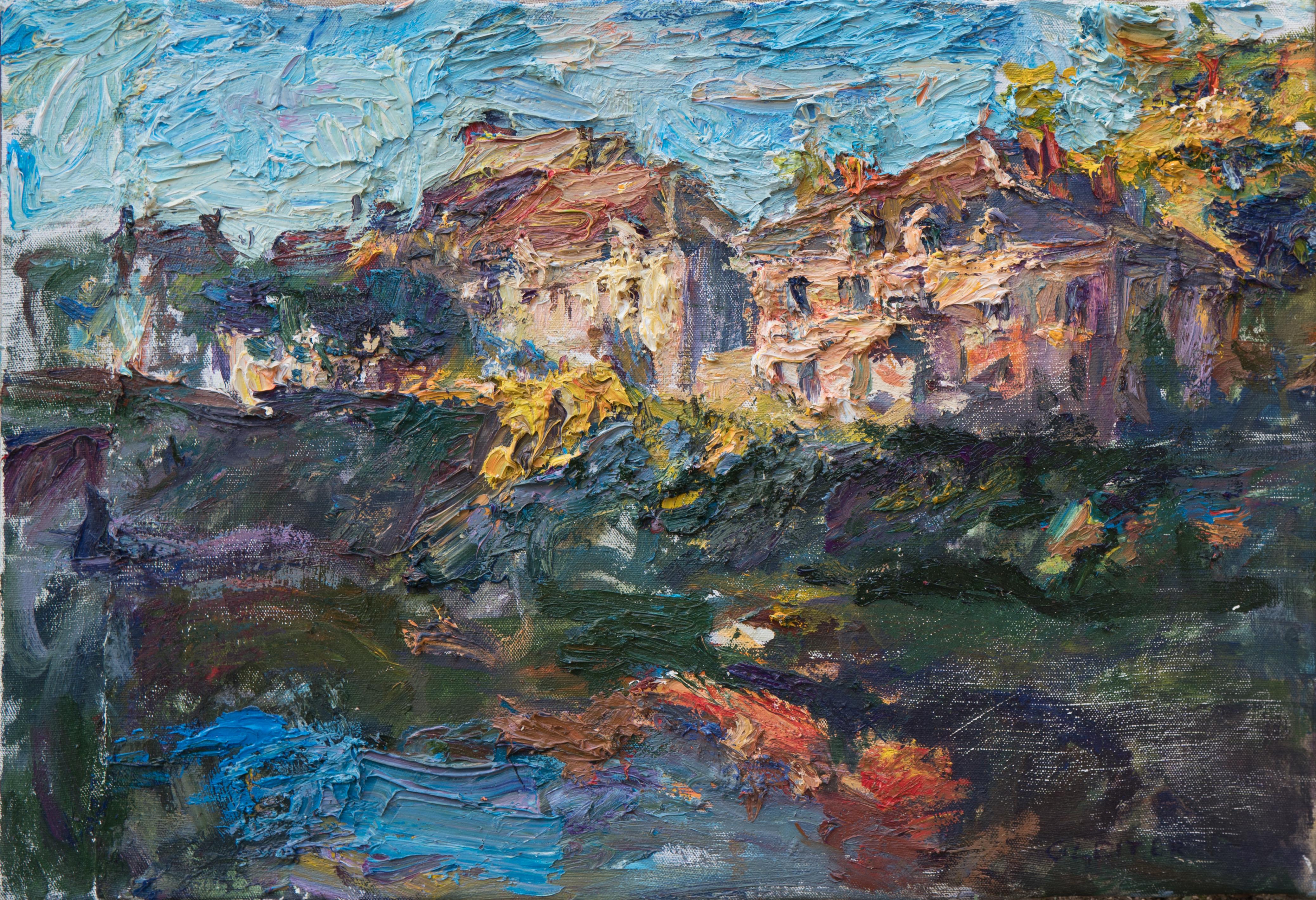 Ulrich Gleiter Landscape Painting - "Last light by the Armançon Canal" Oil painting