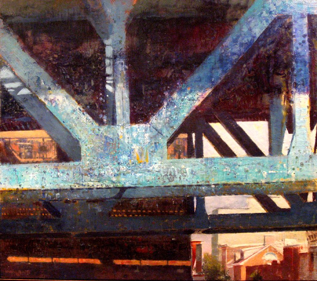 Dale O Roberts Landscape Painting - "Bridge Blue" Encaustic painting