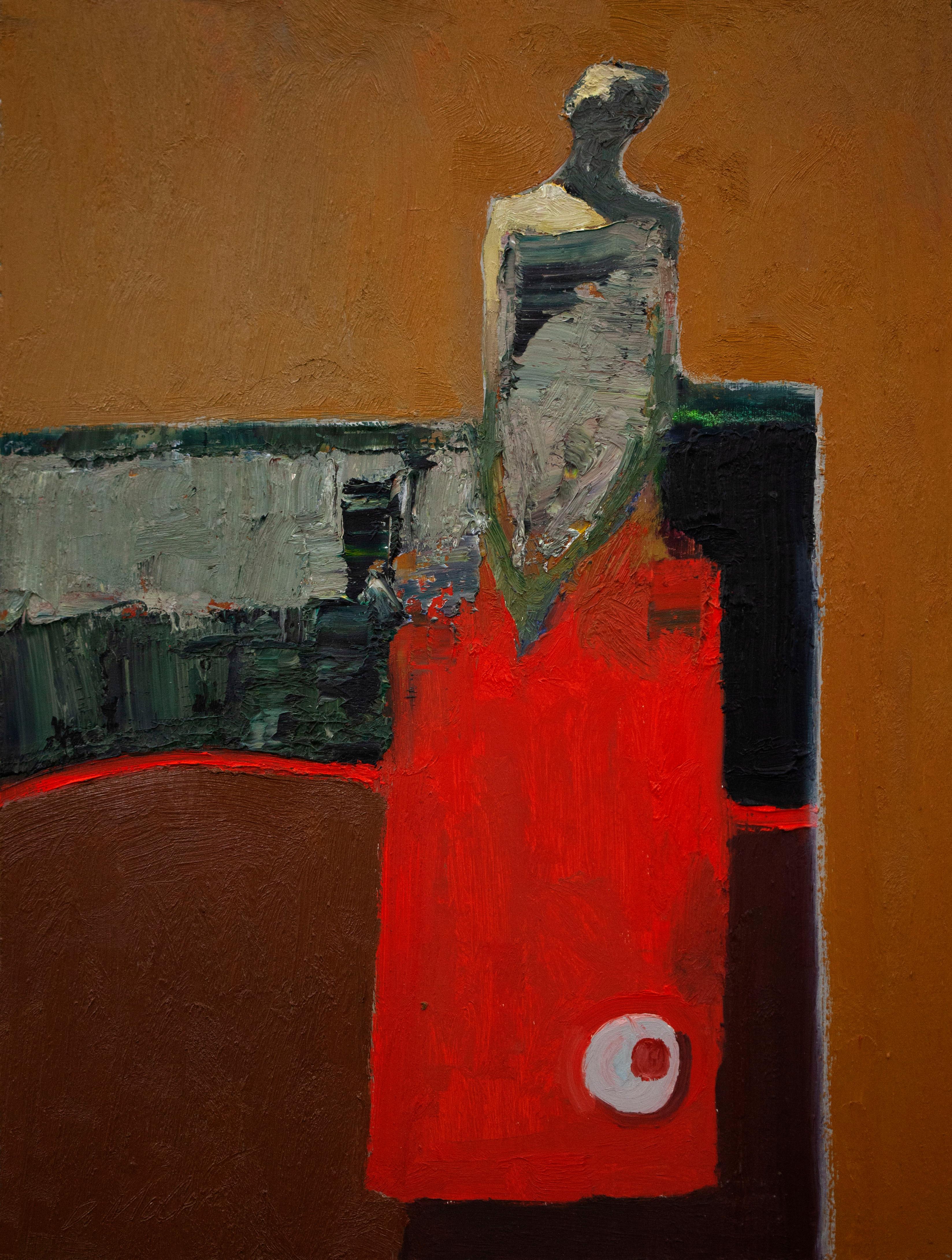 Dan McCaw Figurative Painting - "Figure with Red Table" Oil Painting