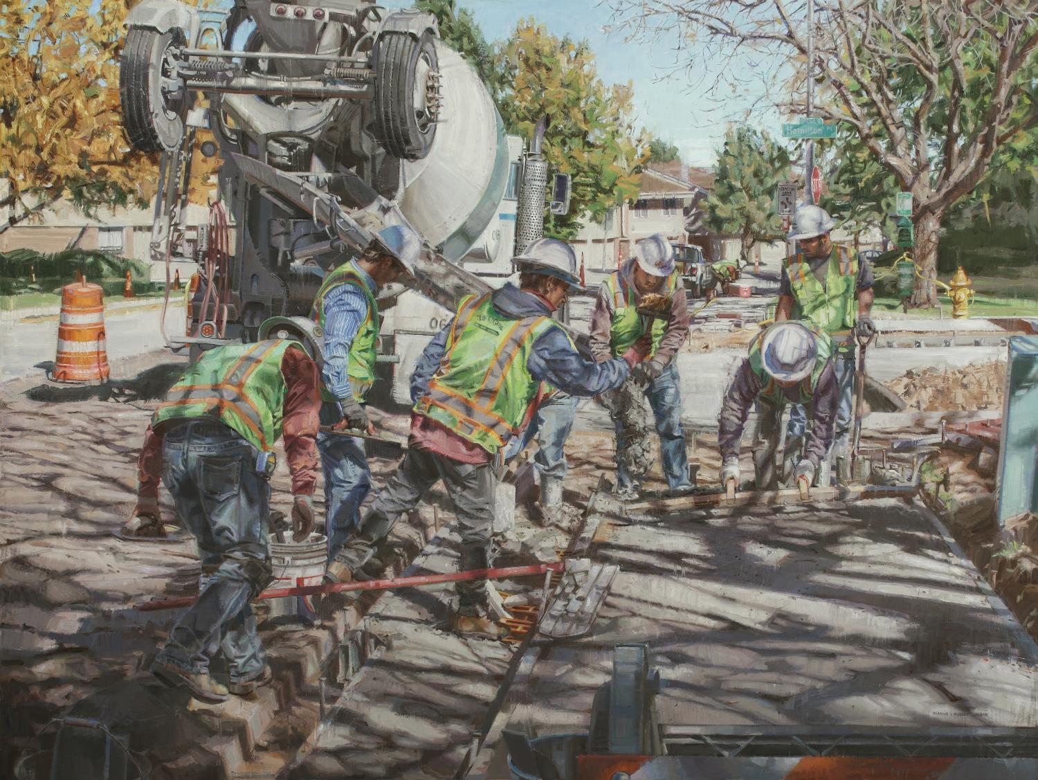 Dianne L. Massey Dunbar Landscape Painting – „“ Acht Arbeiter im Werk“, Ölgemälde