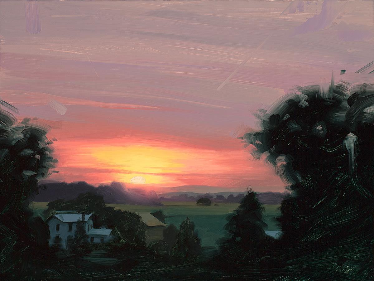 Rob Rey  Landscape Painting - Sunset over the Farm 