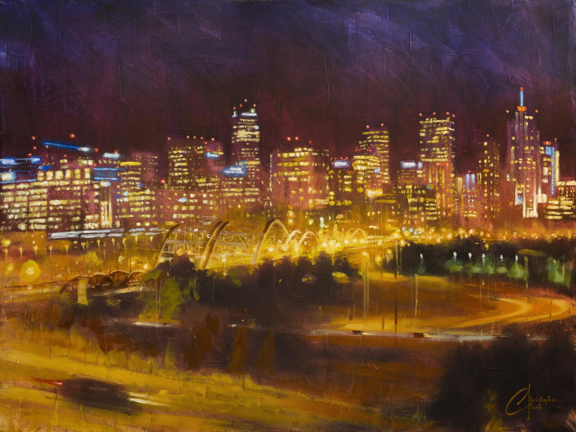 Christopher Clark Figurative Painting - Denver Skyline from Speer and 23rd Ave at Night