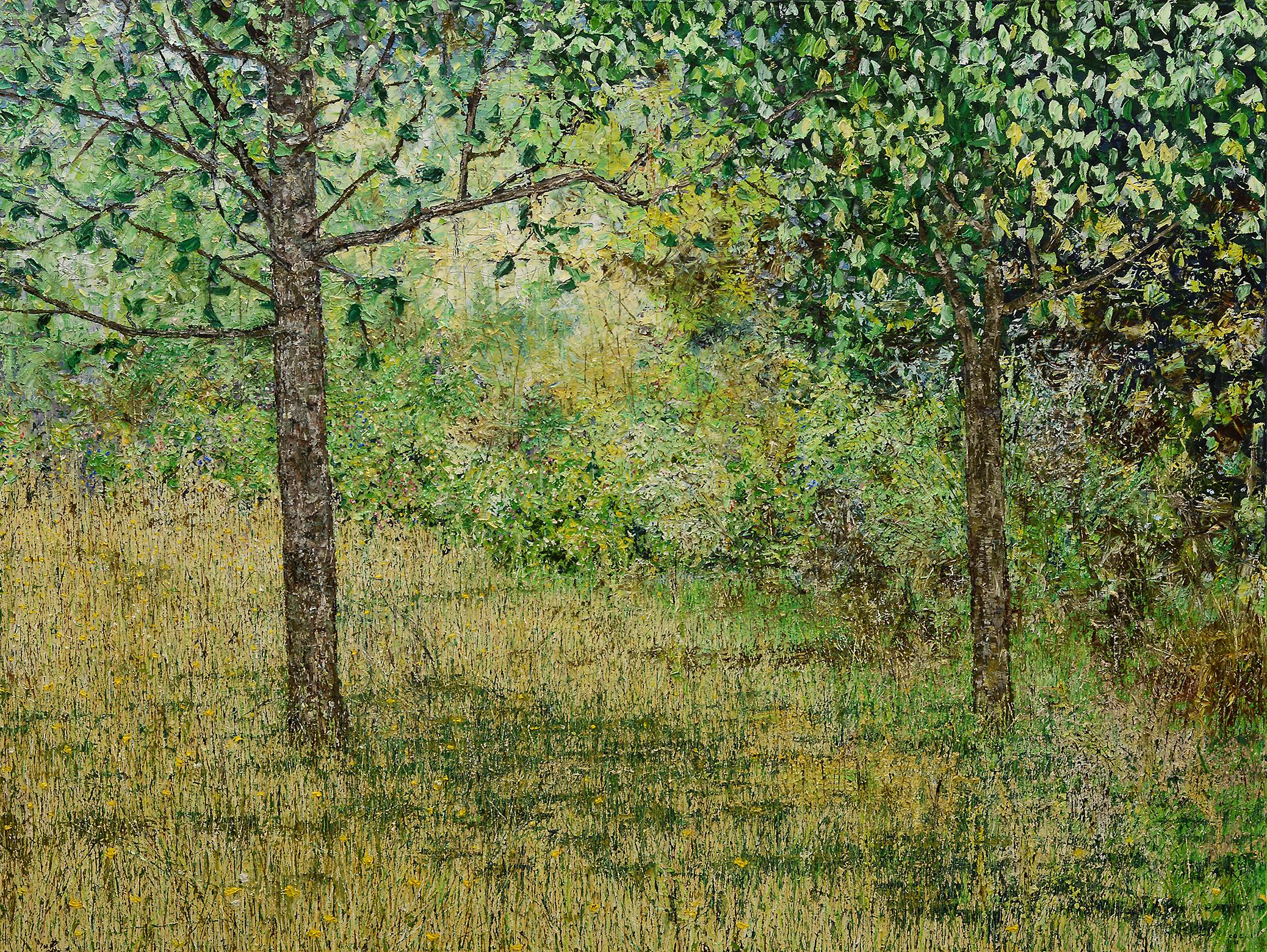 Chris Charlebois Landscape Painting - Two Trees By a Garden 