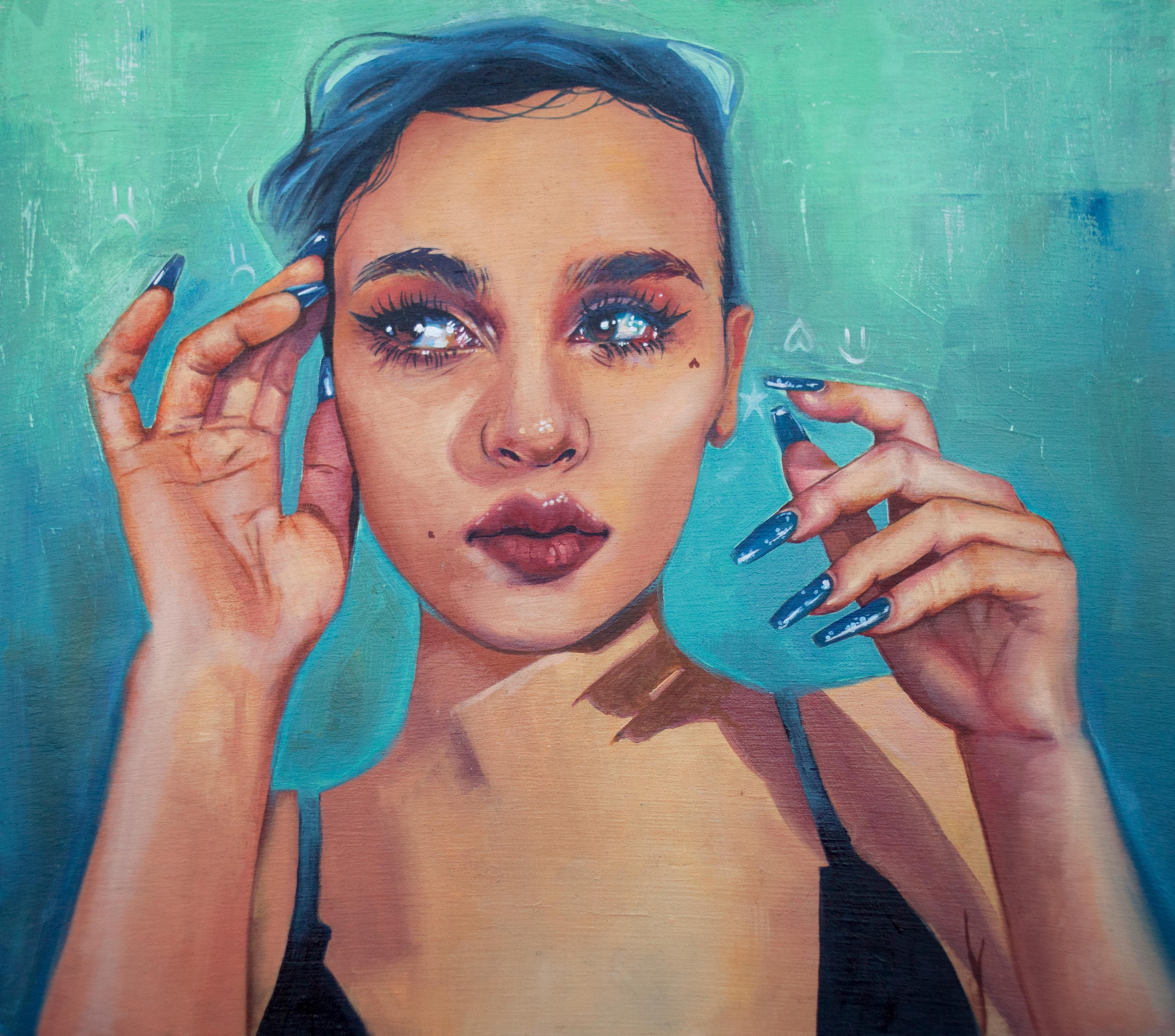 Portrait Painting di MJ Lindo - "Da un orecchio all'altro", pittura a olio