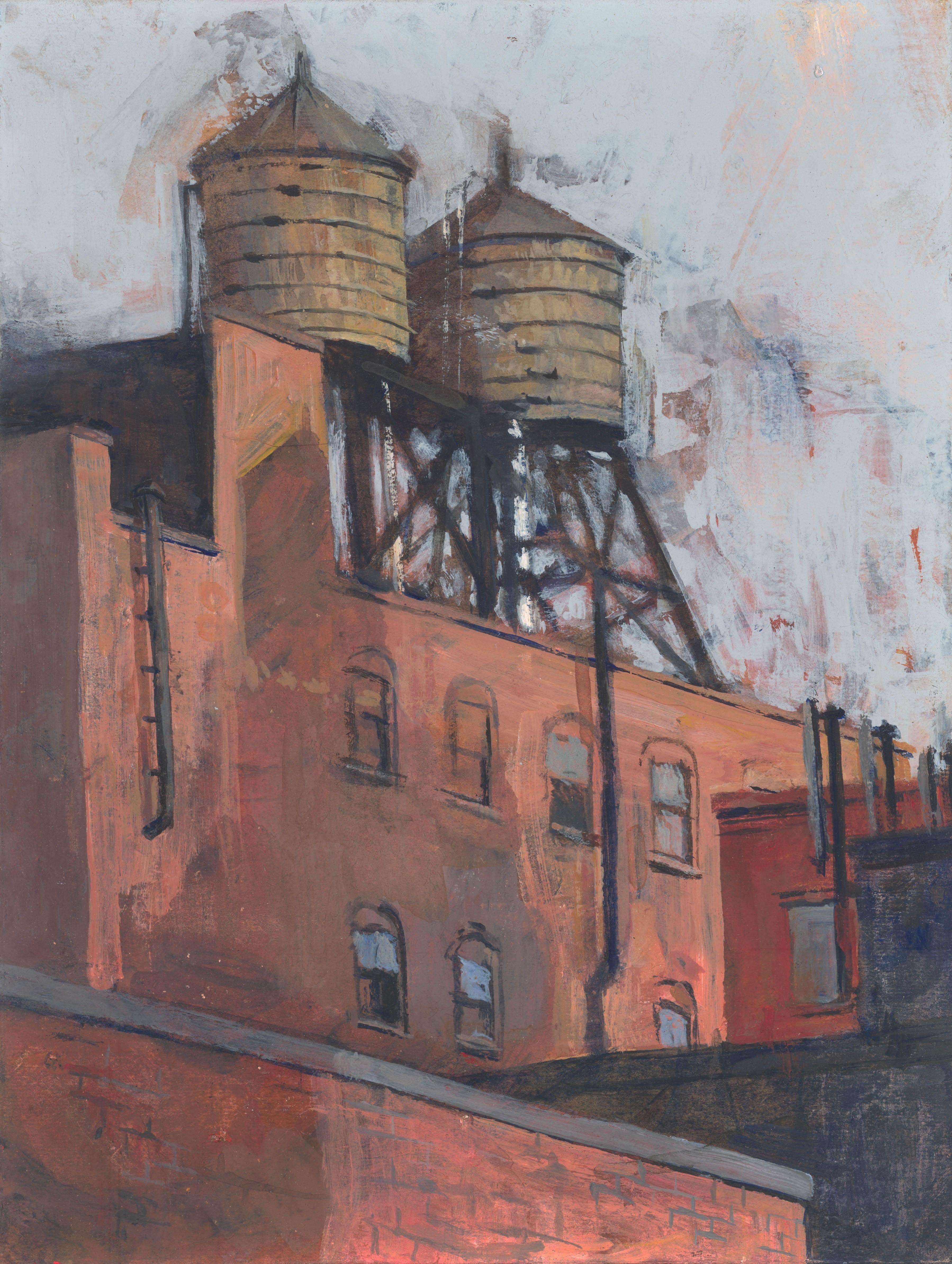 Jeff Faerber Landscape Painting - "Water Tower Shadow, " Mixed Media Painting