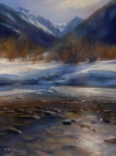 Le dessin au pastel "Winter Mountain Stream"