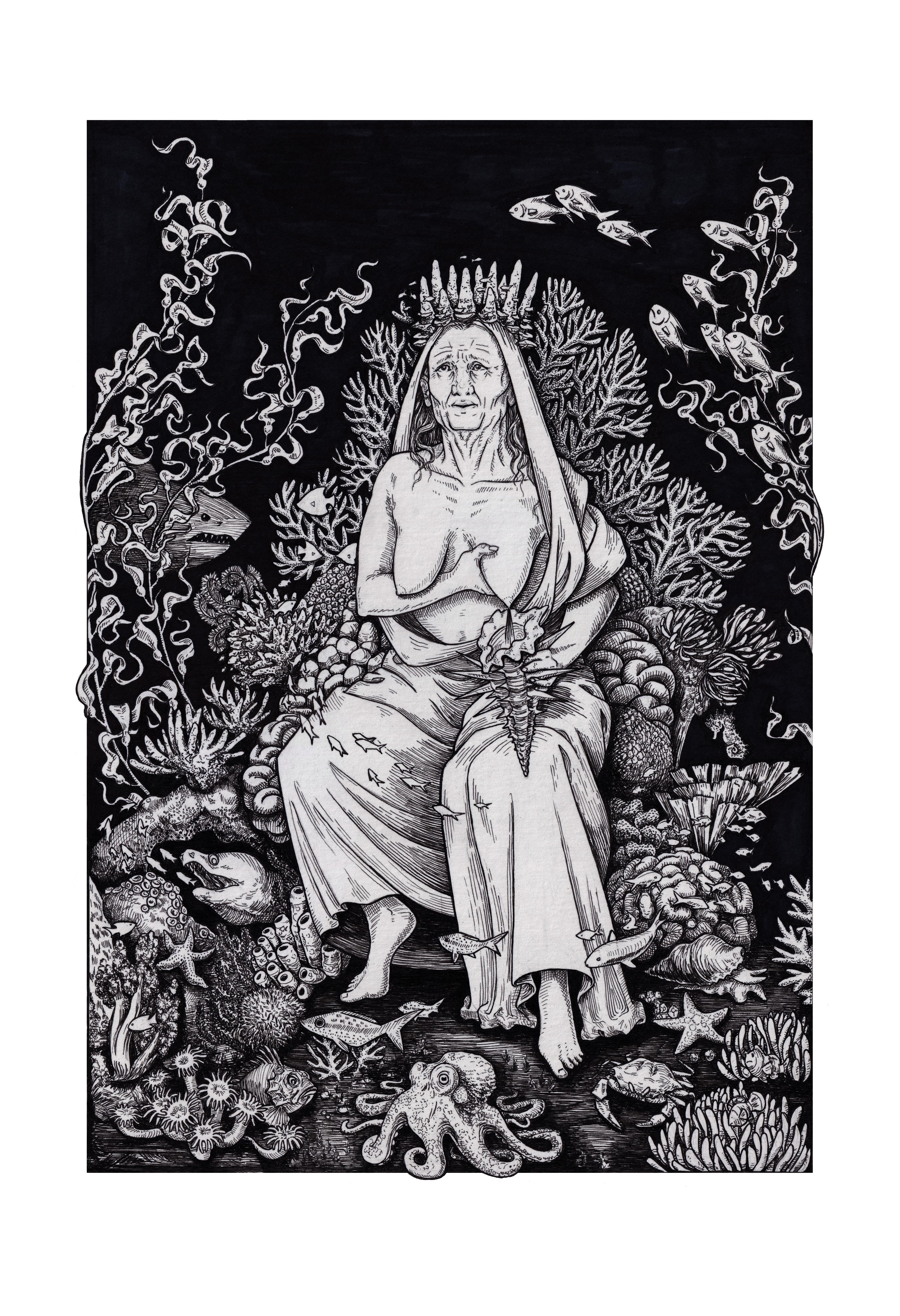 "The Queen of Cups" (2022) By Jerianne Fulton, Original Gothic Ink Illustration