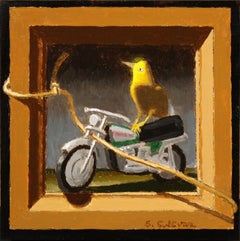 „Breaks on Through“ Ölgemälde eines gelben Vogels auf Motorrad