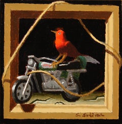 Peinture à l'huile des deux Hollandais  Oiseau rouge sur moto