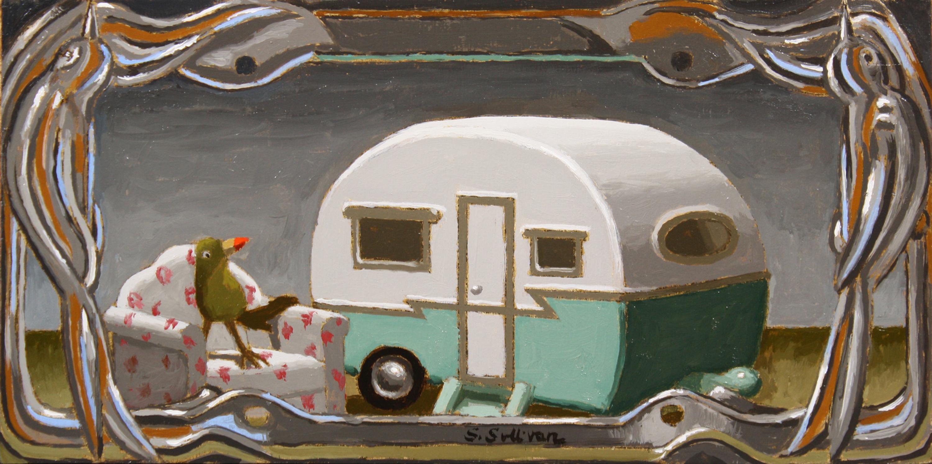 "Glamping" Oil Painting of Toy Camper with a Bird - Art by Shawn Sullivan