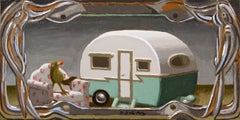 "Glamping" Oil Painting of Toy Camper with a Bird
