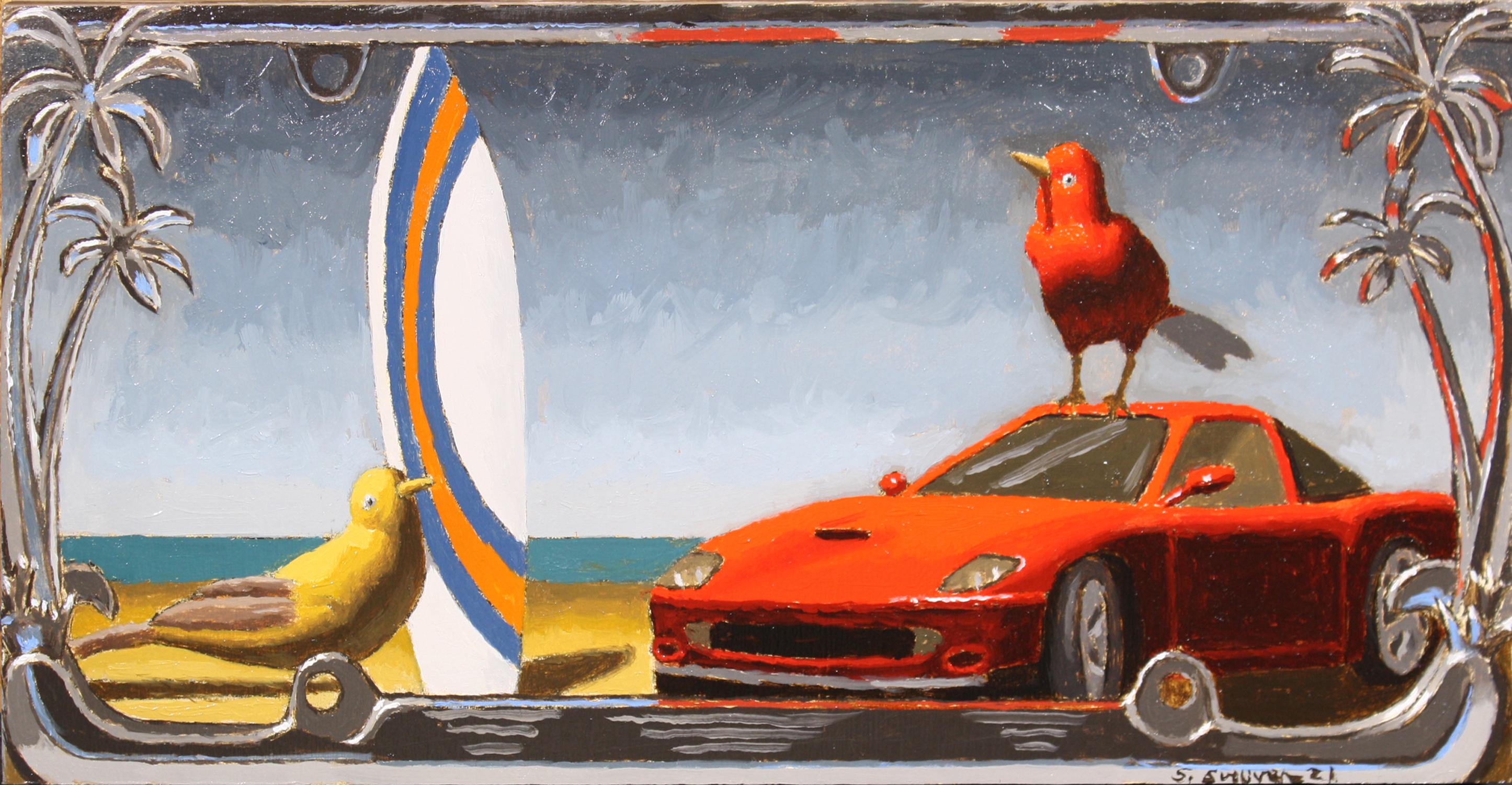 "Going to Cali" Oil Painting of Bird on Sports Car - Art by Shawn Sullivan