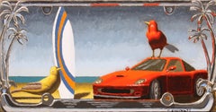 « Going to Cali », peinture à l'huile d'un oiseau sur une voiture de sport