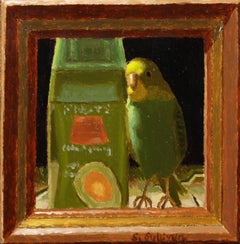 „Rinse Repeat“, Ölgemälde eines Vogels und einer grünen Flasche