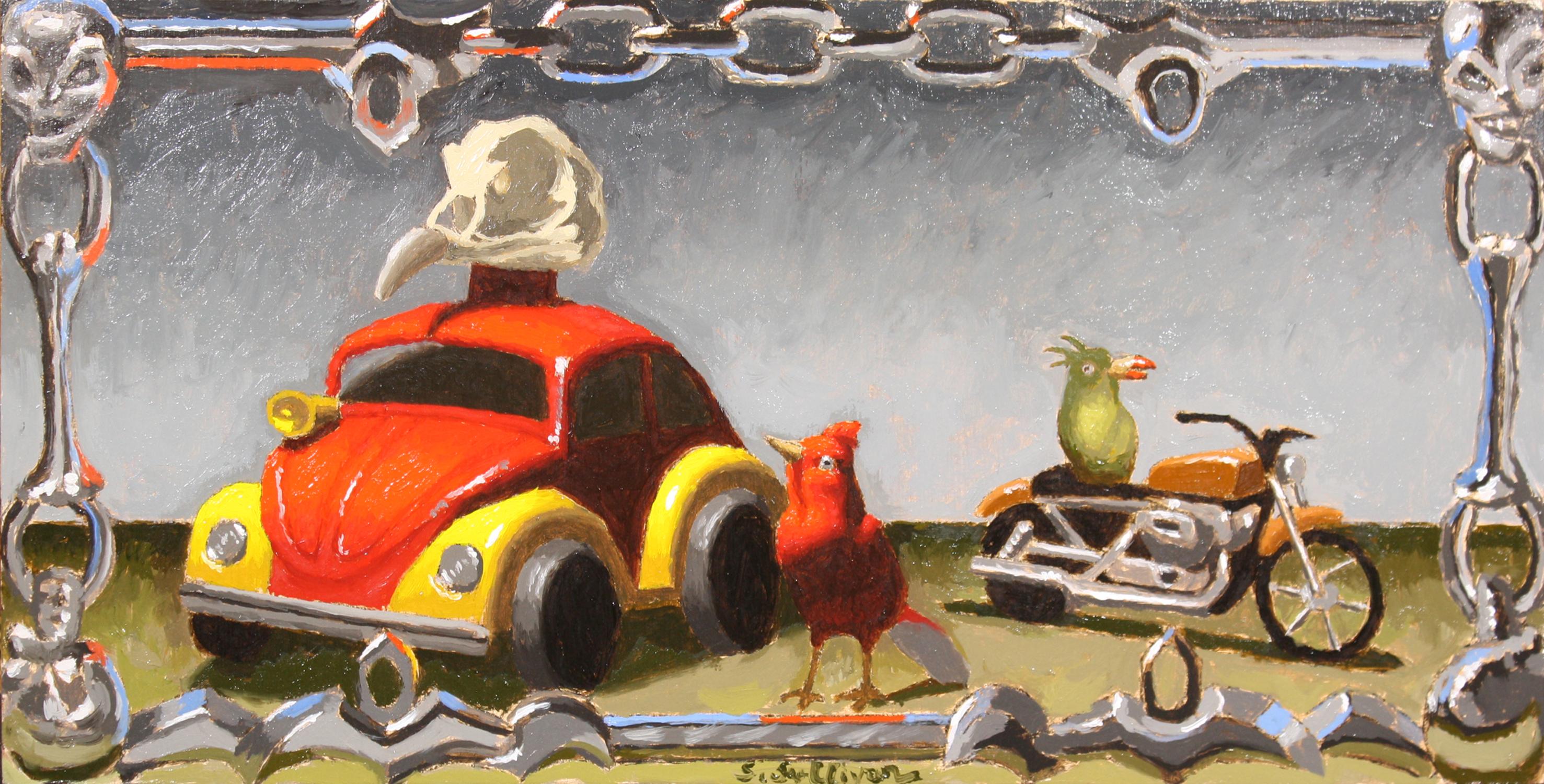 "Road Warriors" Oil Painting of Red Bird and Toy Volkswagen Bug - Art by Shawn Sullivan