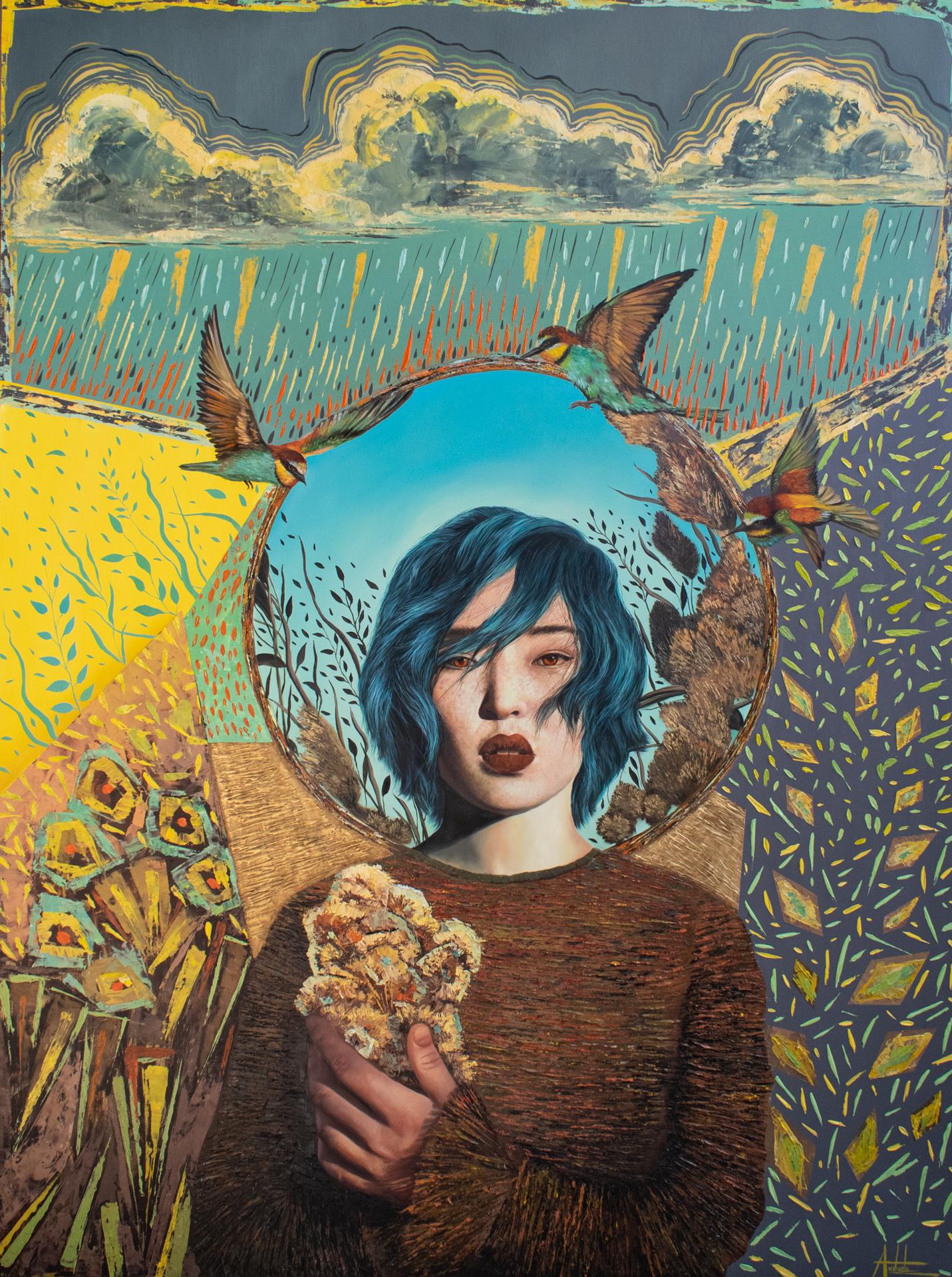 "Eye of the Storm," an original mixed media artwork by Andrada Trapnell, measures 40 x 30 inches and is rendered on a sturdy board. Created in 2023, this piece showcases Trapnell's distinctive style, featuring a surreal portrait of a woman framed