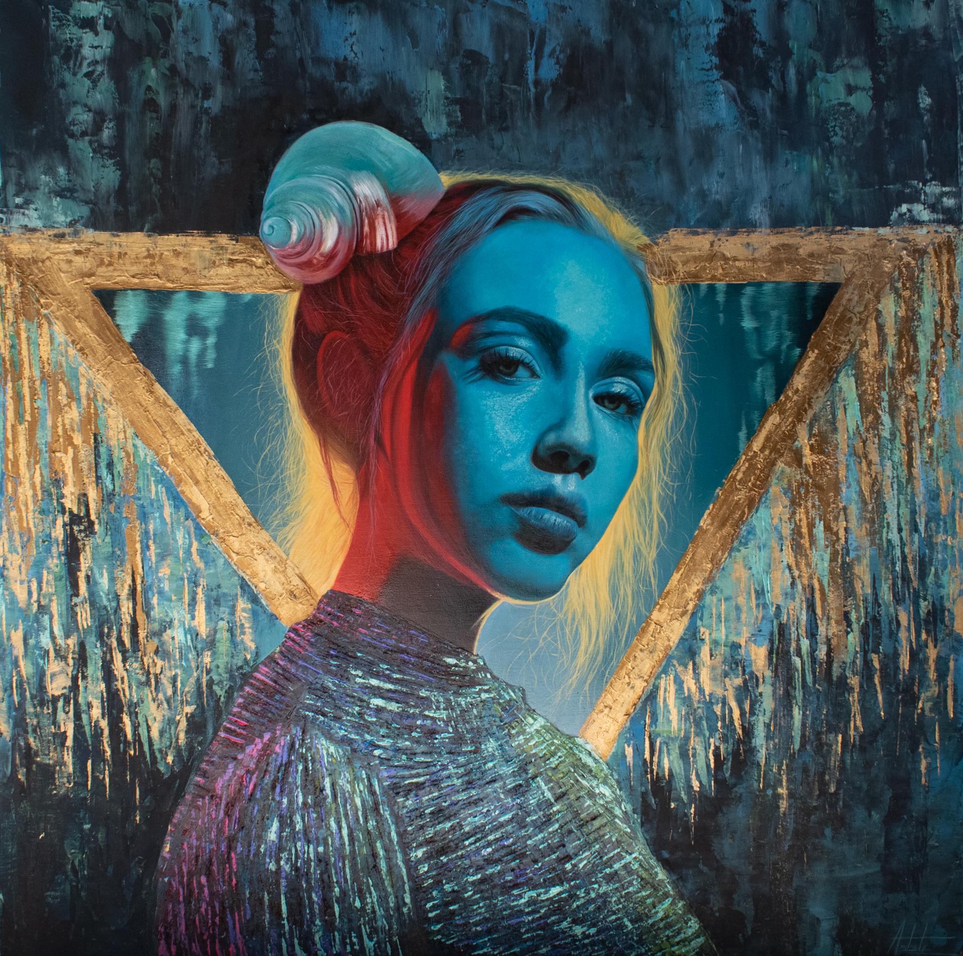 "Blue Aura" by Andrada Trapnell, a stunning mixed media artwork from 2022, measures 24 x 24 inches and is executed on board. This piece presents an ethereal portrait of a woman, bathed in a radiant blue light that highlights her contemplative