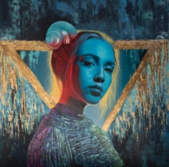 „Blue Aura“ – Gemälde in Mischtechnik von Andrada Trapnell, ätherisches weibliches Porträt