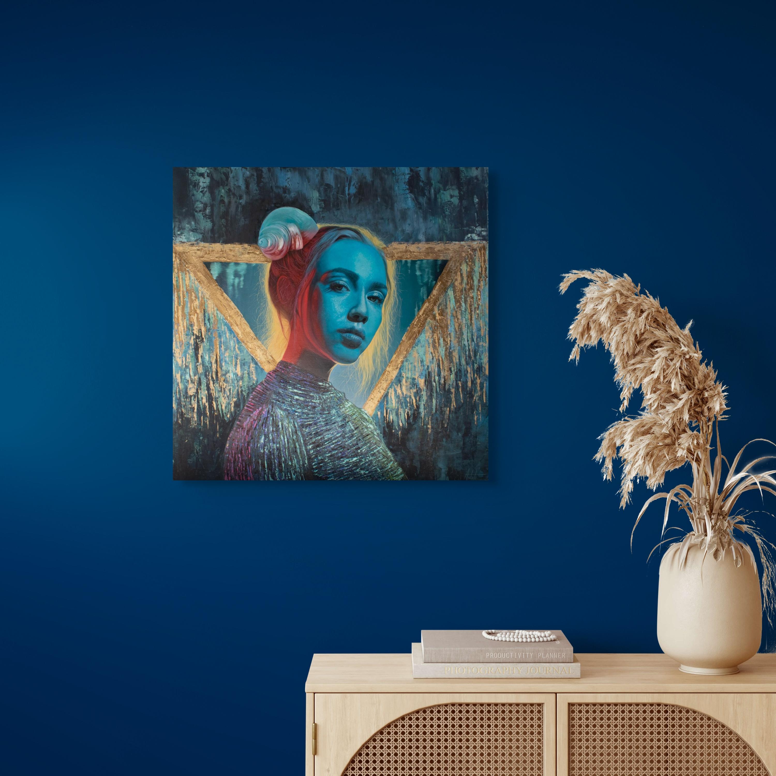 Blue Aura, peinture technique mixte d'Andrada Trapnell, portrait de femme éthérée en vente 2