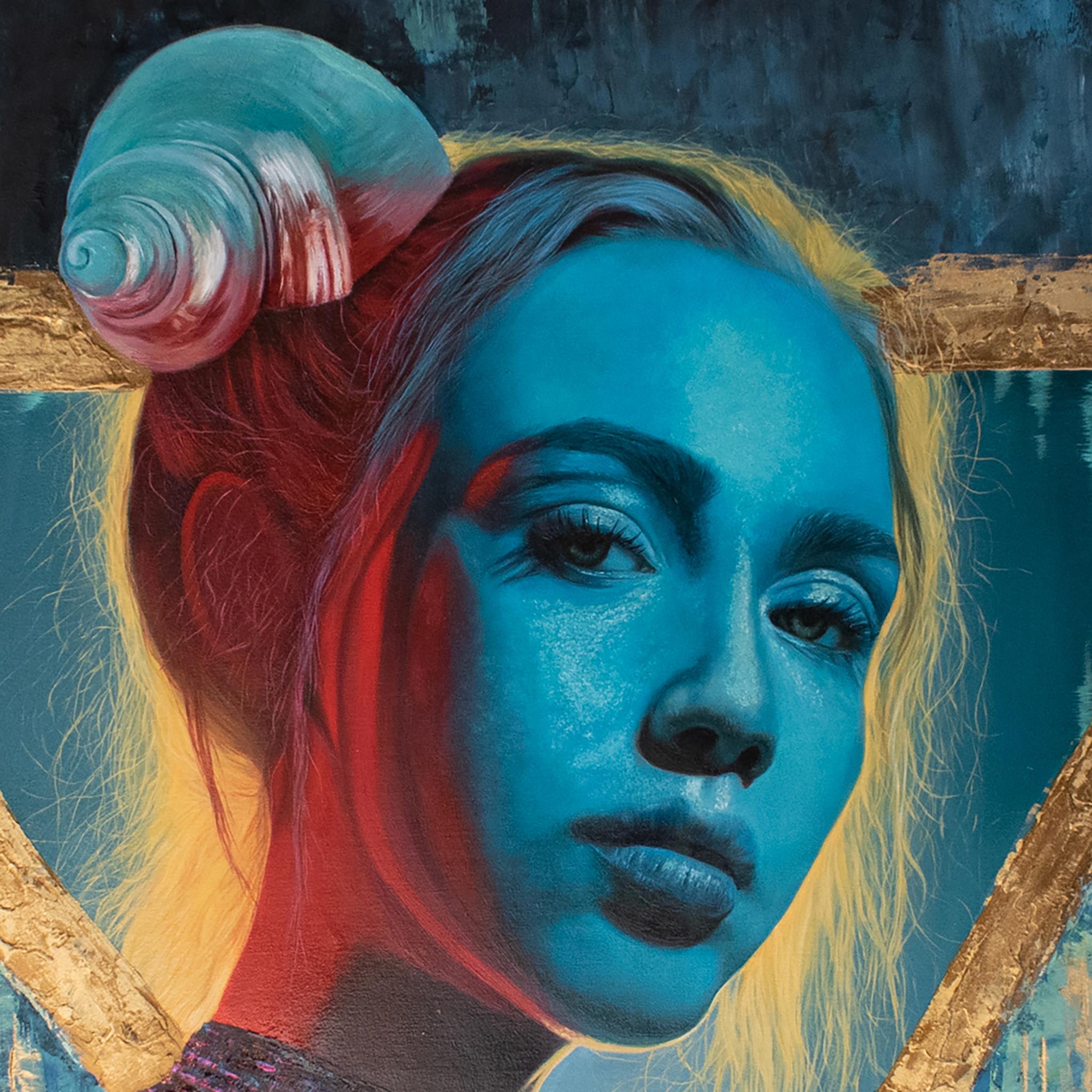 Blue Aura, peinture technique mixte d'Andrada Trapnell, portrait de femme éthérée en vente 4