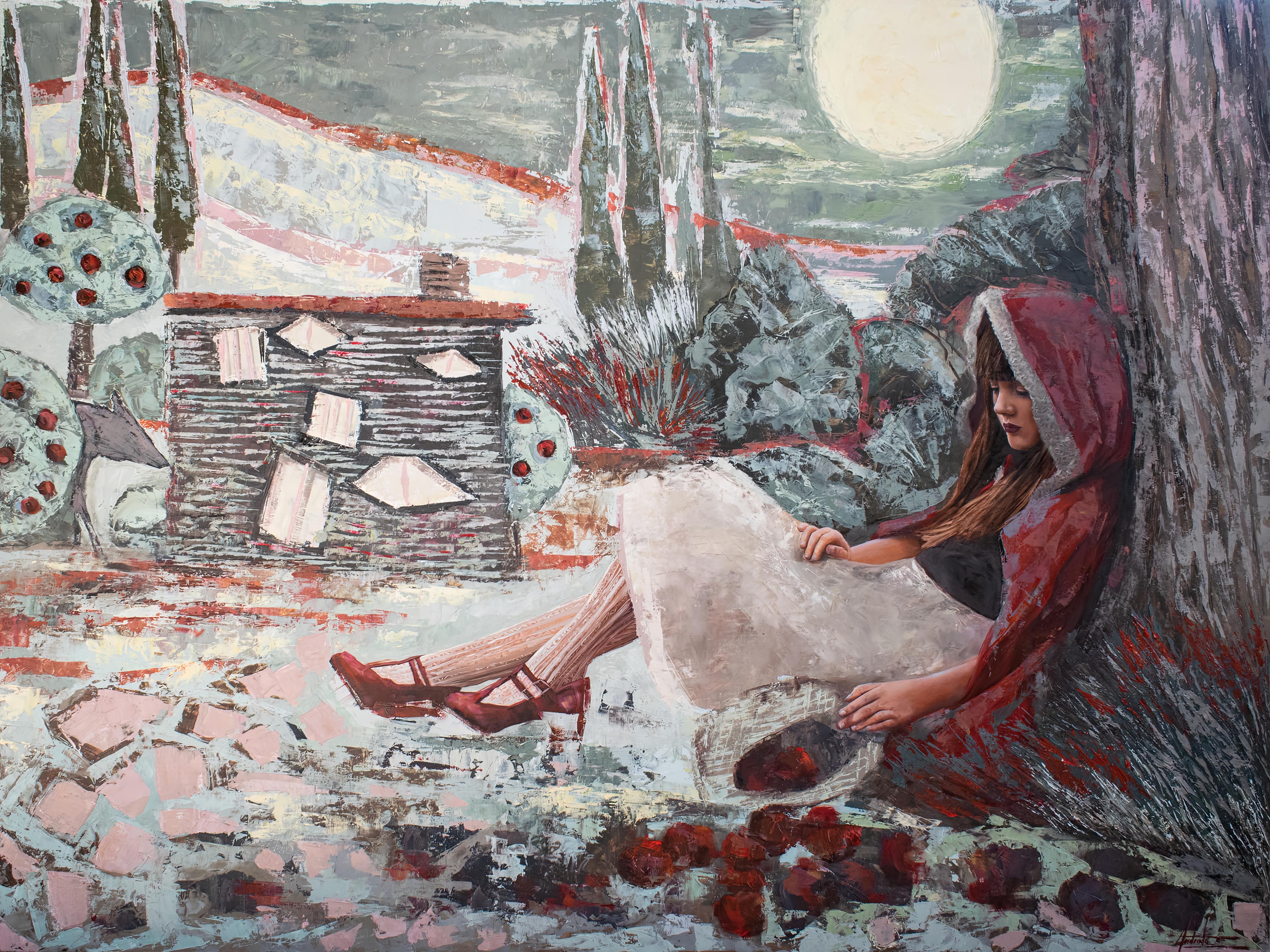 Explore the enchanting narrative of "Story of Red" by Andrada Trapnell, a 2023 mixed media creation that invokes the timeless tale of Red Riding Hood. This original artwork, measuring 30 x 40 inches, is masterfully rendered on board and comes