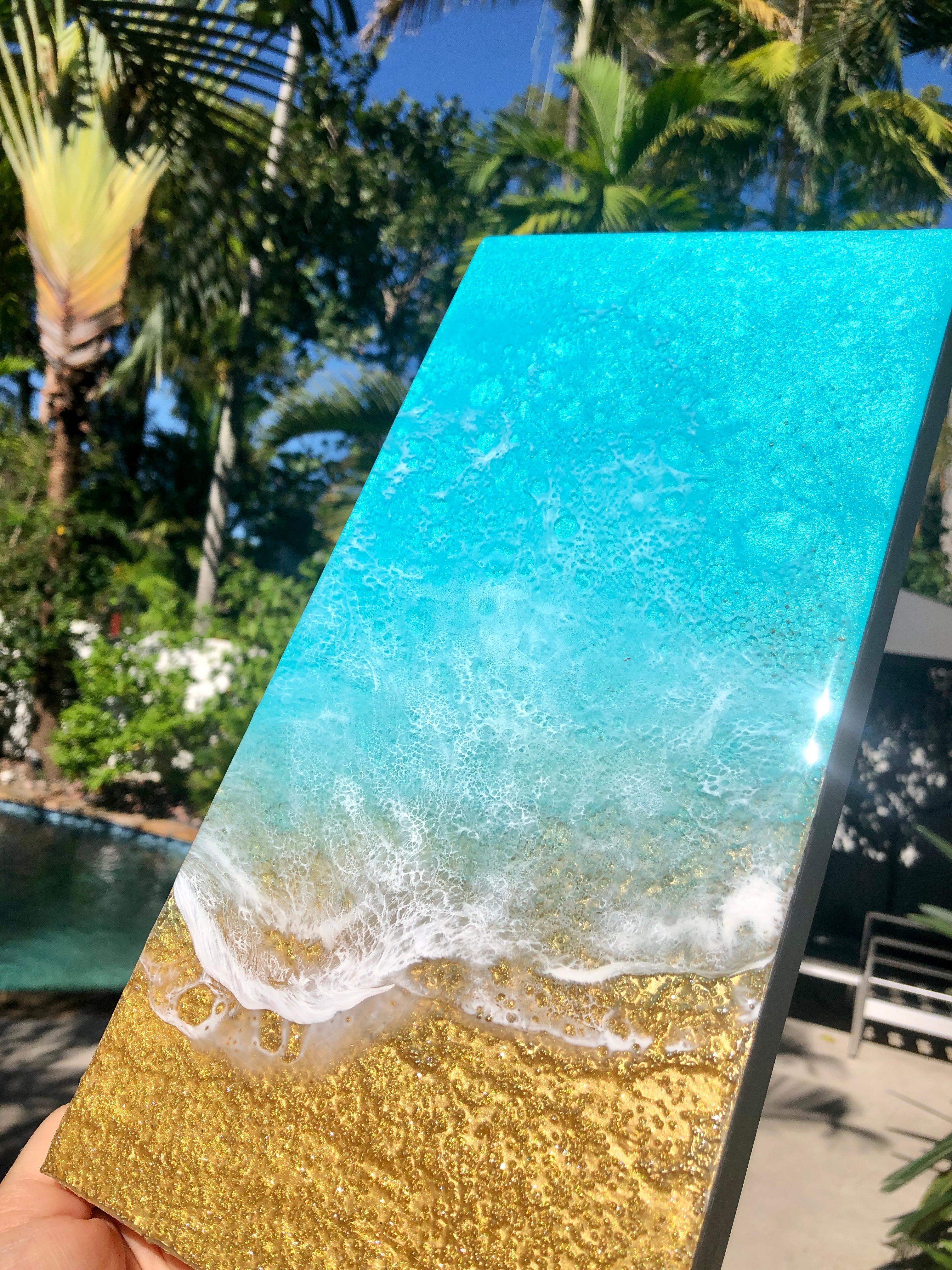 « Teal Waves #52 », Waves luminescentes on Golden Shore d'Ana Hefco en vente 2