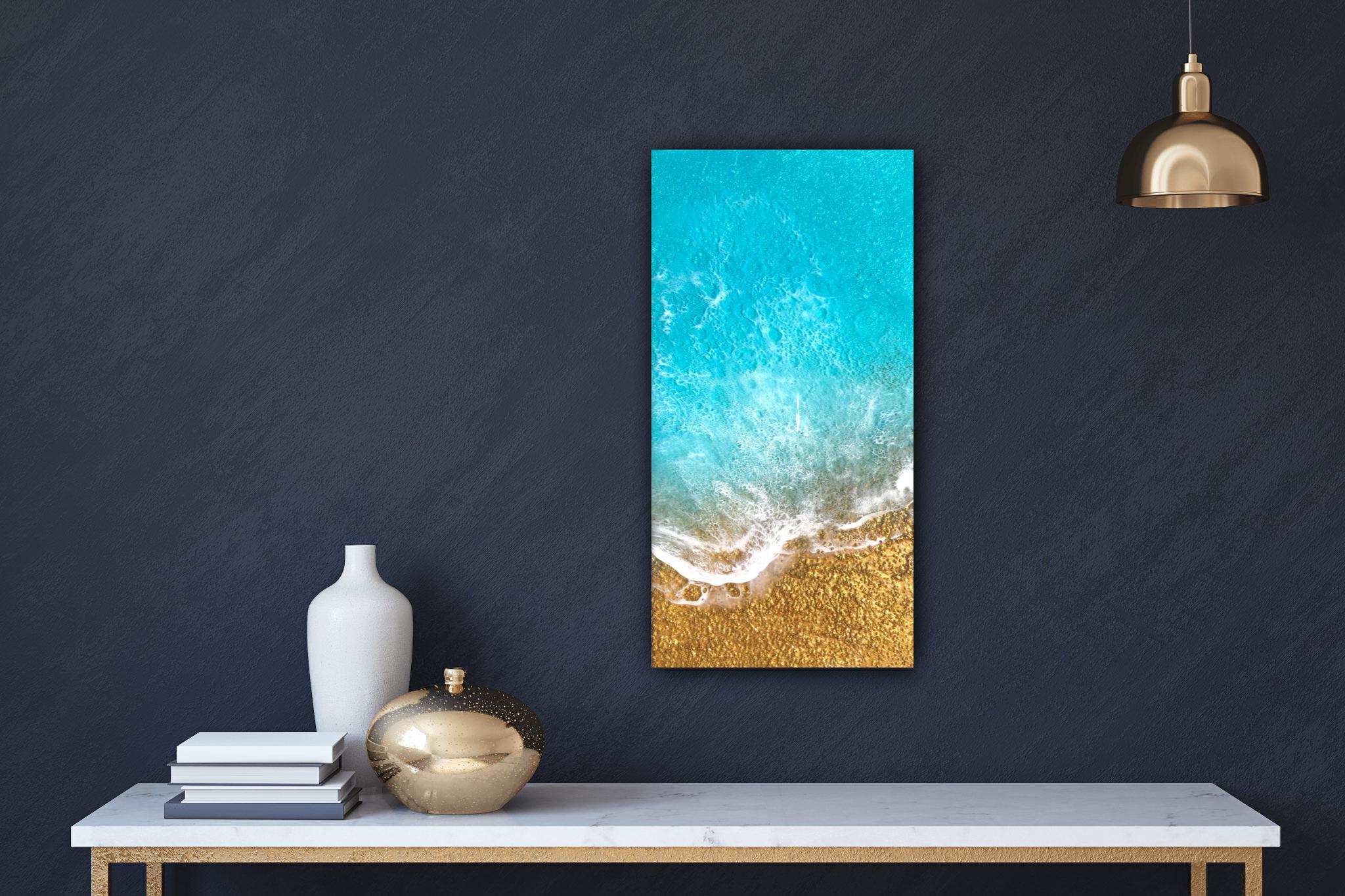 « Teal Waves #52 », Waves luminescentes on Golden Shore d'Ana Hefco en vente 3