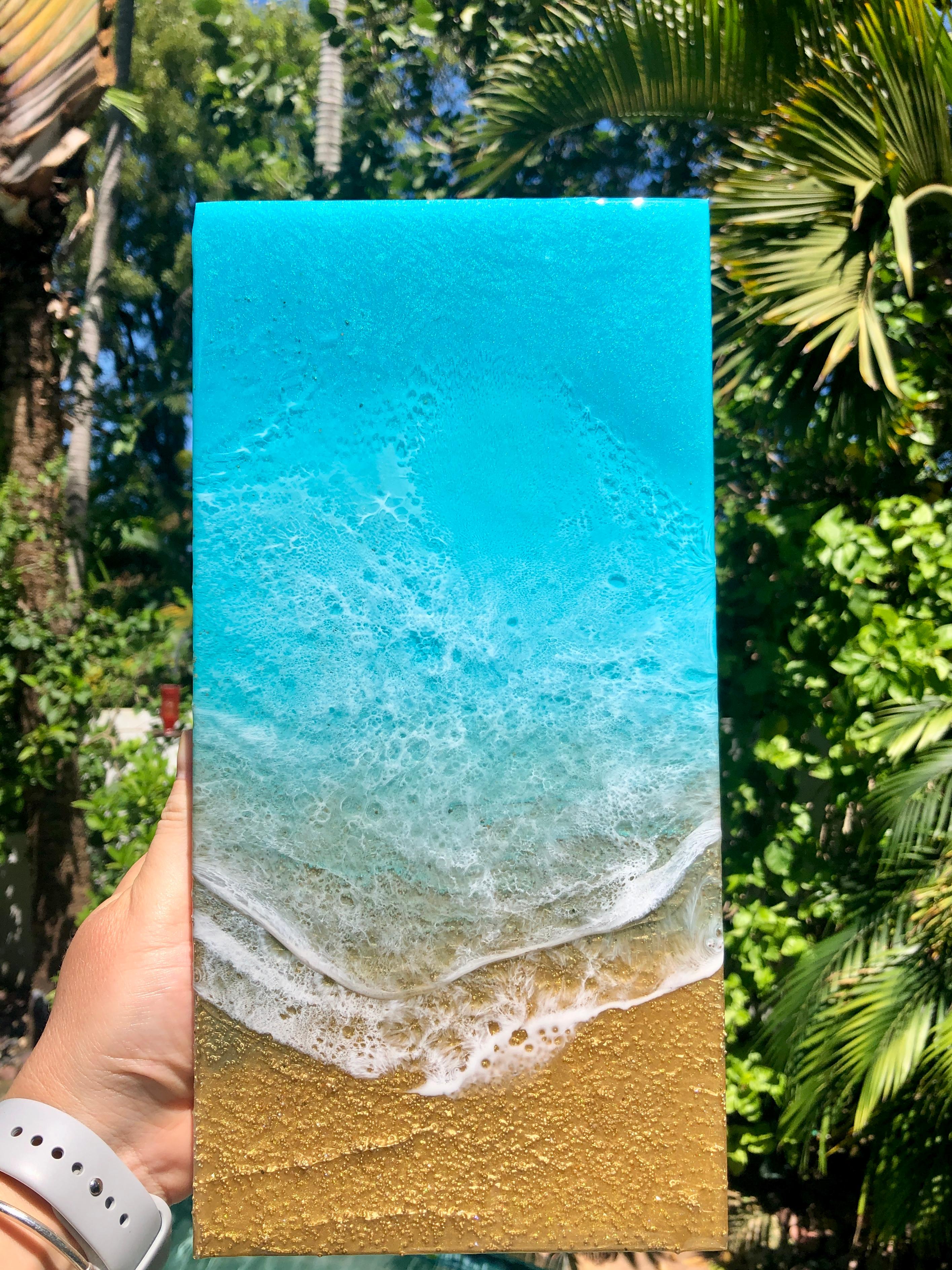 « Teal Waves #50 », Waves luminescentes on Golden Shore d'Ana Hefco en vente 2