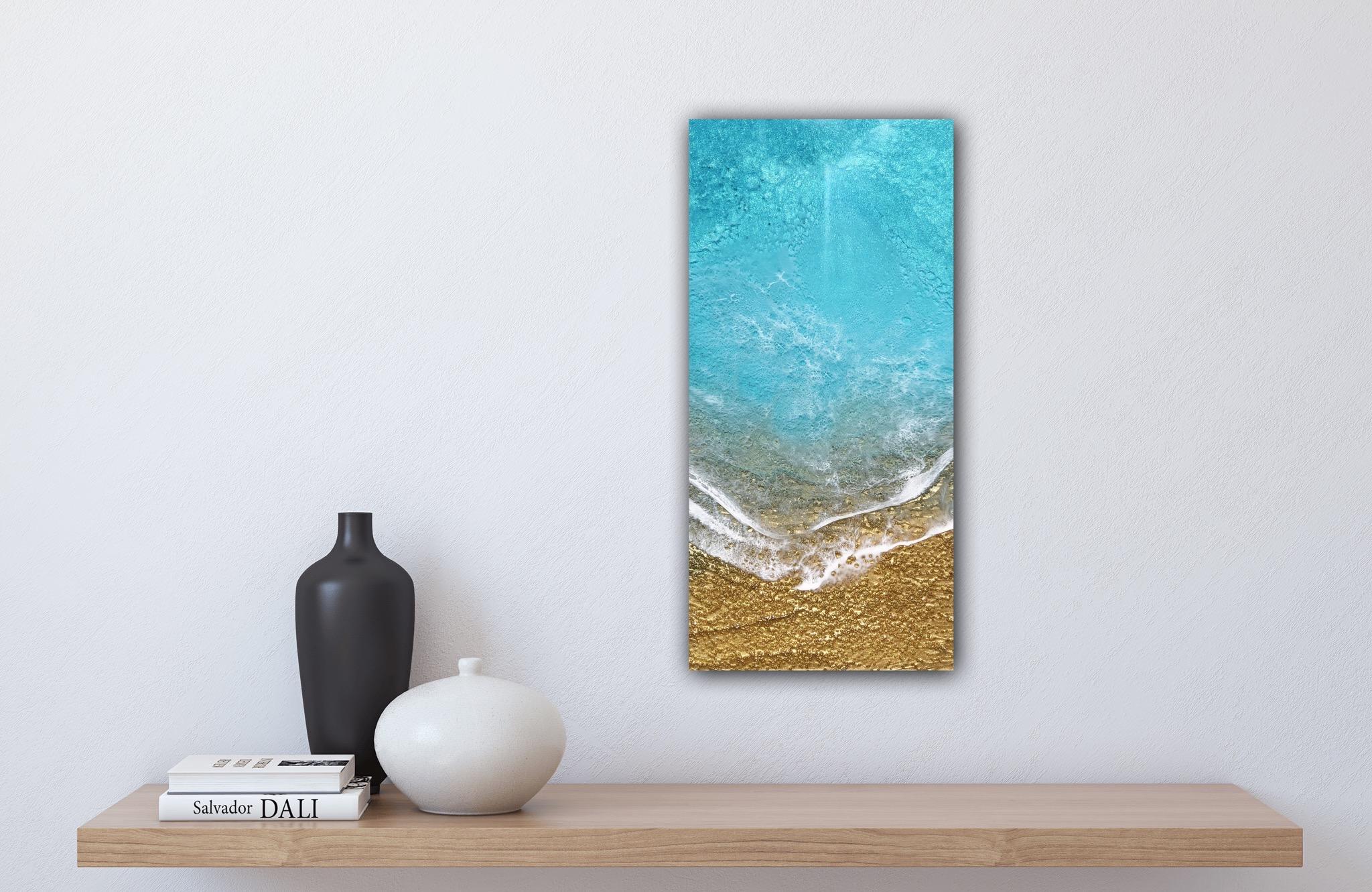 « Teal Waves #50 », Waves luminescentes on Golden Shore d'Ana Hefco en vente 3