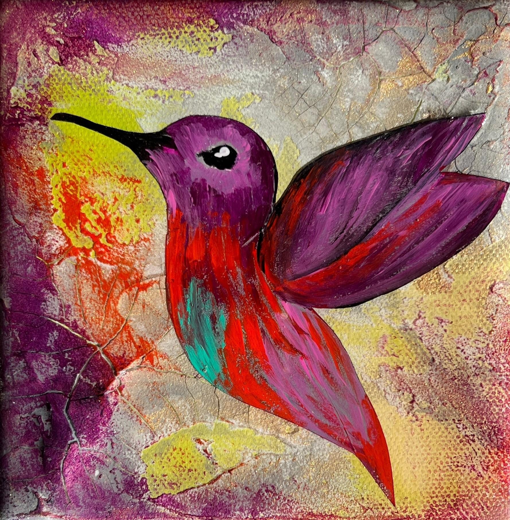 Colibrí nº 6", de Ana Hefco (residente en Miami), es un original hecho a mano con resina tintada en capas y técnica mixta sobre panel de madera. Esta pieza está enmarcada y lista para colgar. 

Nacida y criada en Bucarest, Rumanía, soy una soñadora