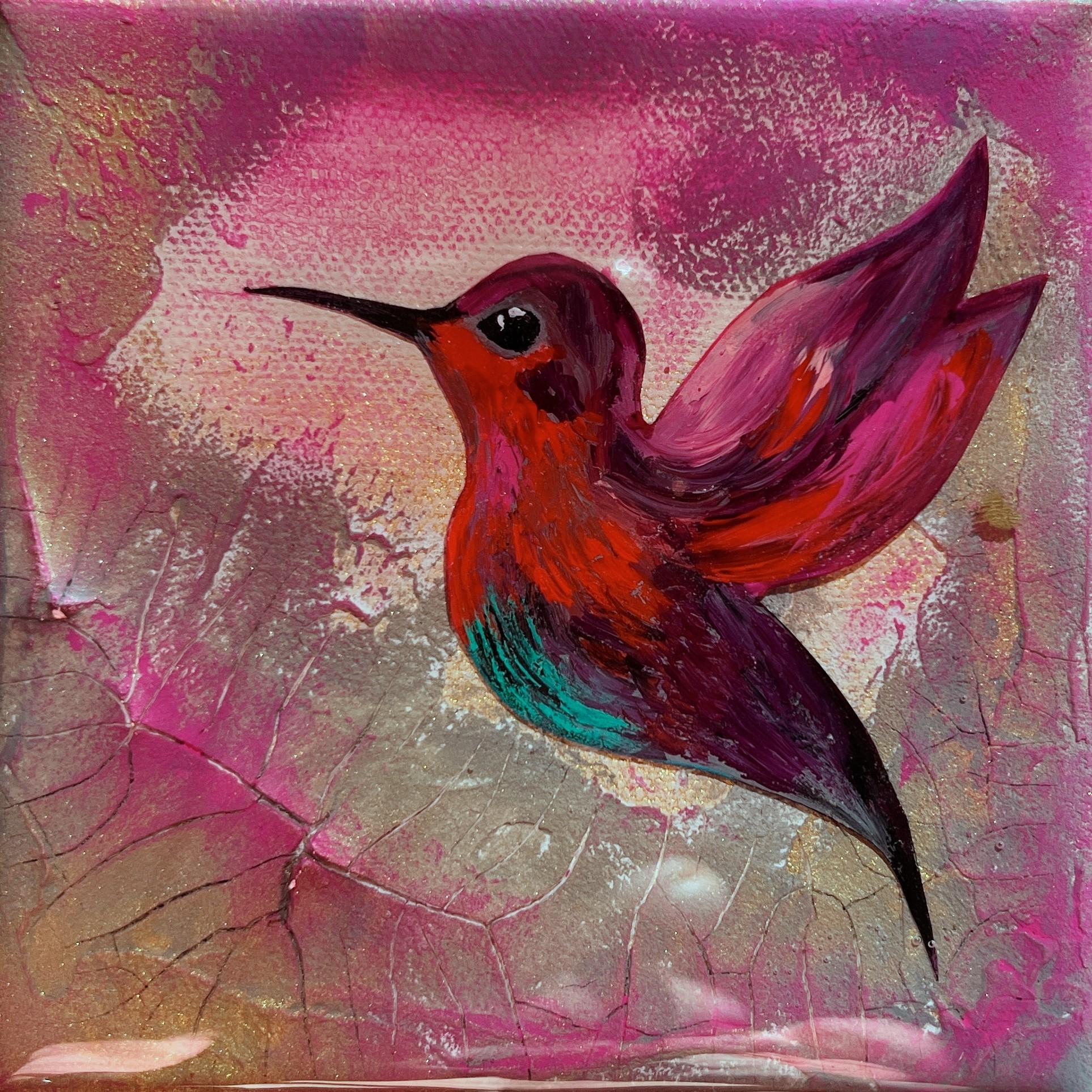 Colibrí nº 5" de Ana Hefco (residente en Miami) es un original hecho a mano con resina tintada en capas y técnicas mixtas sobre panel de madera. Esta pieza está enmarcada y lista para colgar. 

Nacida y criada en Bucarest, Rumanía, soy una soñadora