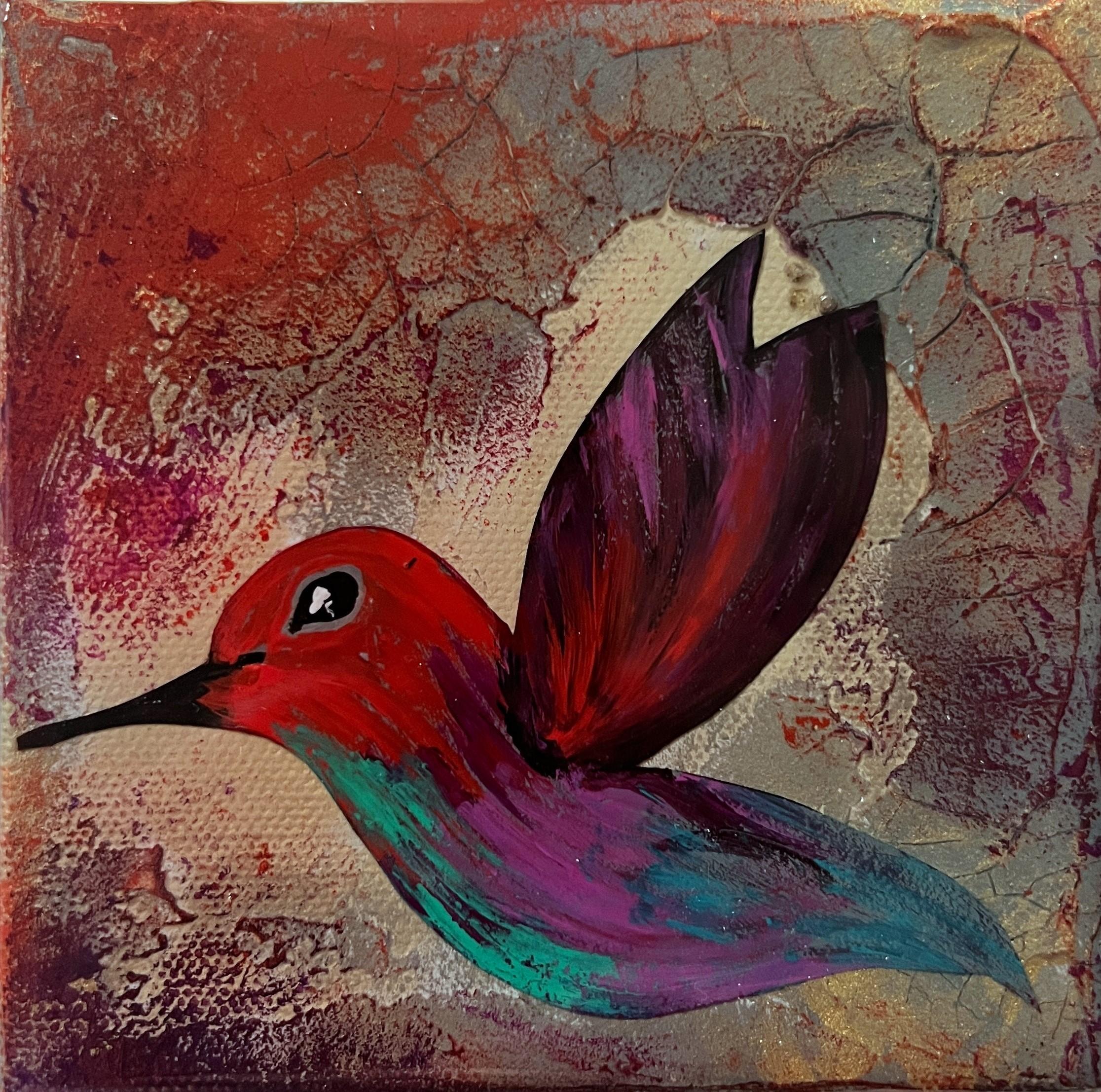 Colibrí nº 4" de Ana Hefco (residente en Miami) es un original hecho a mano con resina tintada en capas y técnicas mixtas sobre panel de madera. Esta pieza está enmarcada y lista para colgar. 

Nacida y criada en Bucarest, Rumanía, soy una soñadora
