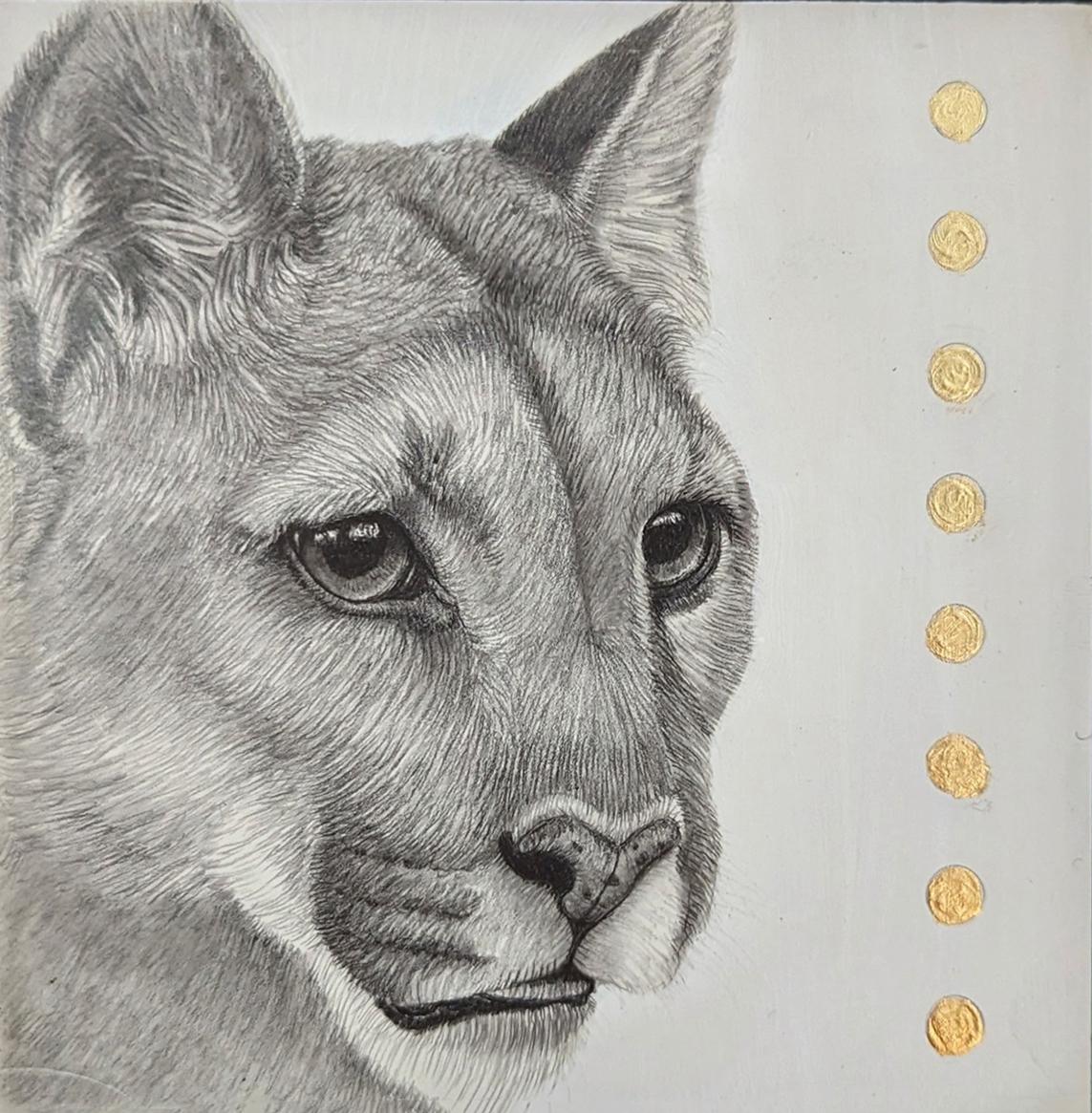 Tammy Liu-Haller's "Cougar" is an original, handmade graphite on clayboard, gold leaf and acrylic that depicts a cougar. 

About the artist: 
Tammy was born in 1975 in Kingston, NY. She is a realism artist, working primarily in graphite and