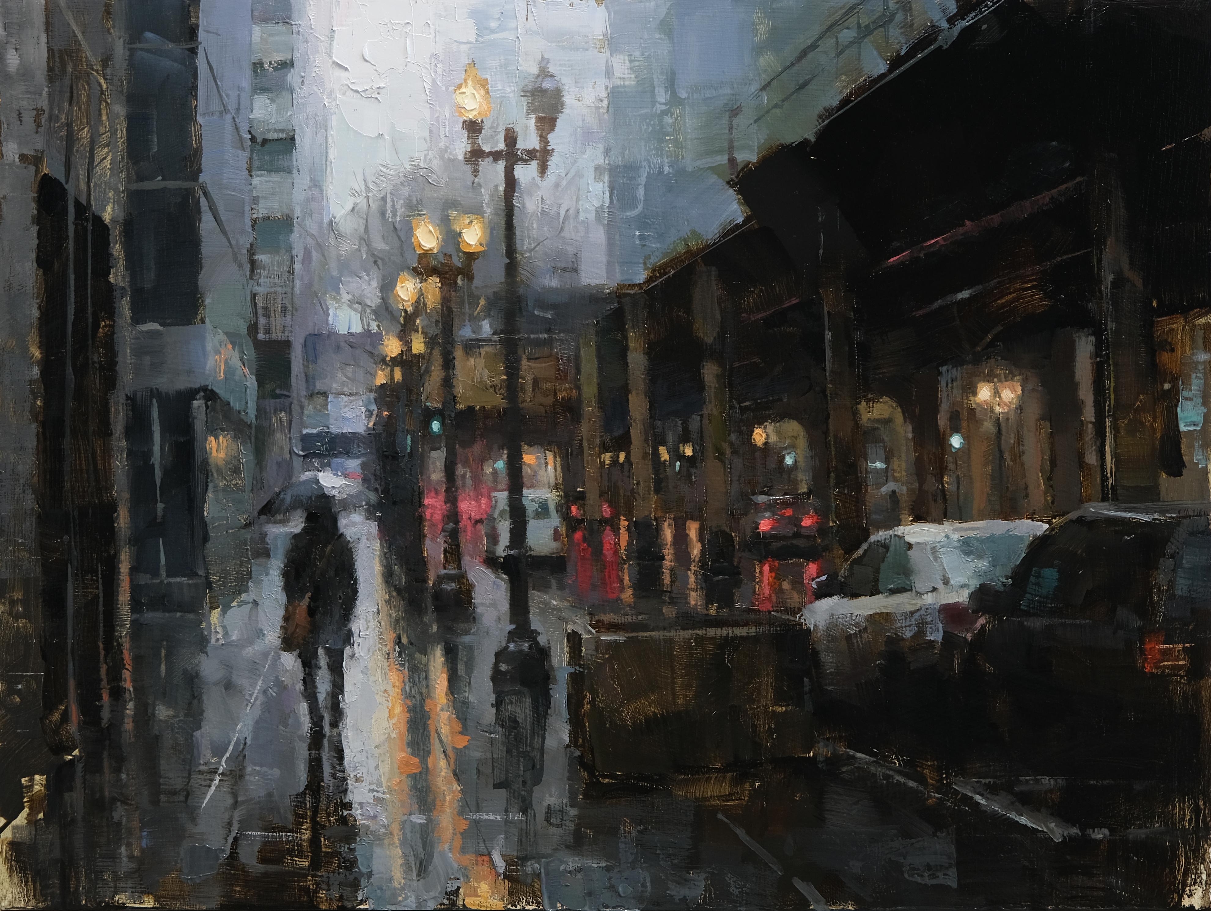 Landscape Painting de Jacob Dhein - "Lluvia en Chicago" (2023) - Pintura al óleo original, Paisaje urbano impresionista